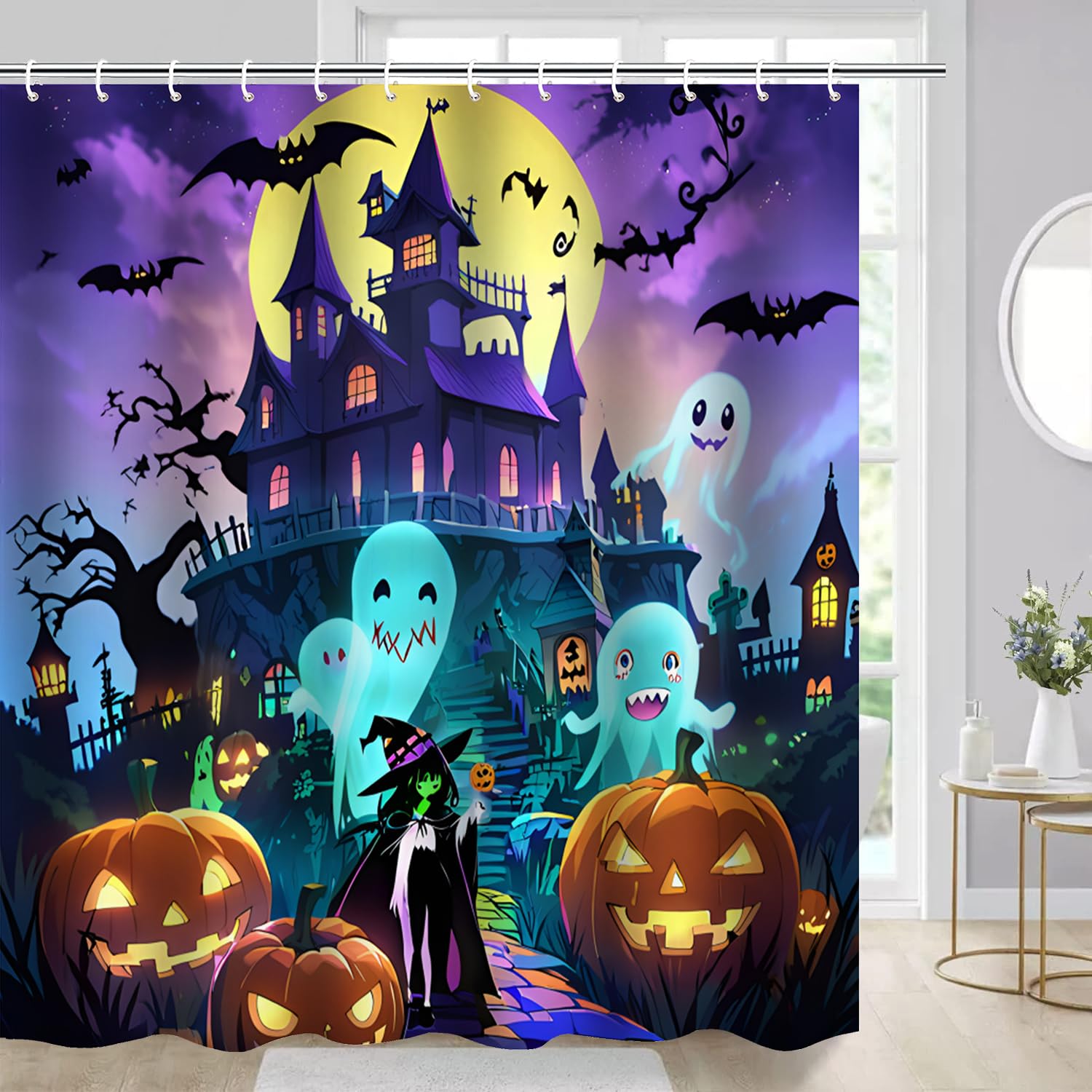 Scary Halloween Shower Curtain Set - Waterproof 72x72 Inch Spooky Castle & Haunted House Design with Hooks - Perfect for Bathroom Decor, Halloween Party & Indoor Home Decoration