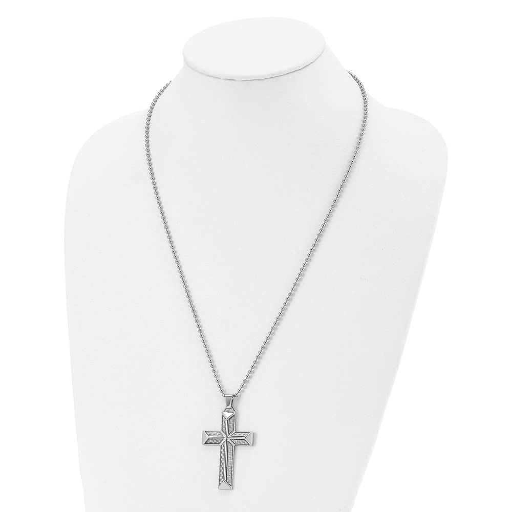 Black Bow Men's Stainless Steel Gray Carbon Fiber Pyramid Cross Necklace - 24 Inch Chain for Everyday Wear & Gifts