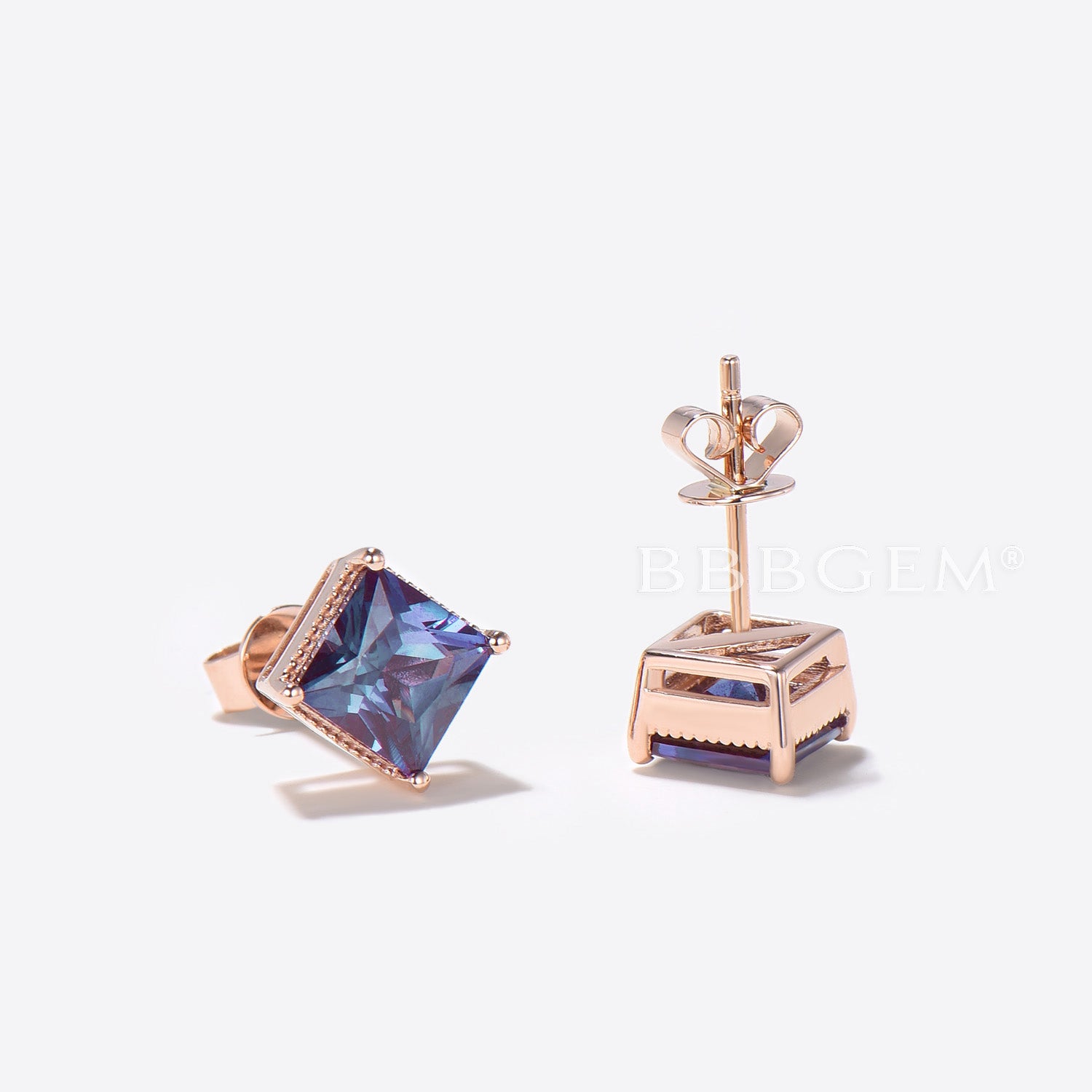 Princess Cut Alexandrite Stud Earrings - Minimalist June Birthstone Jewelry for Wedding, Anniversary & Gift | Hypoallergenic Sterling Silver Earrings for Women