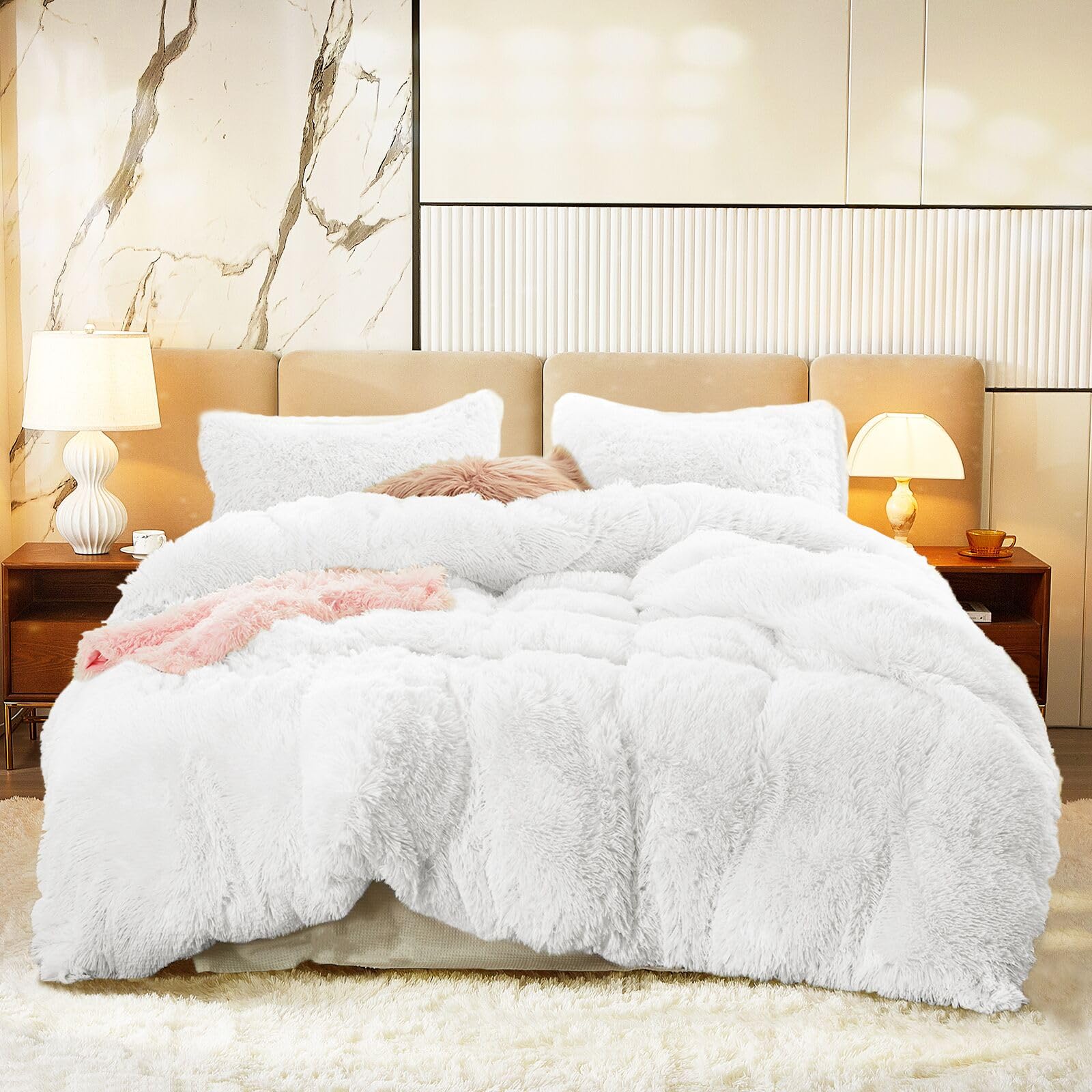 Luxury Faux Fur Shaggy Comforter Set Full/Queen Size - Ultra Soft & Warm Reversible Plush Sherpa Bedding (1 Comforter + 2 Pillowcases) - Cozy Winter Bedroom Decor for Master Bedroom, Guest Room & Dorm