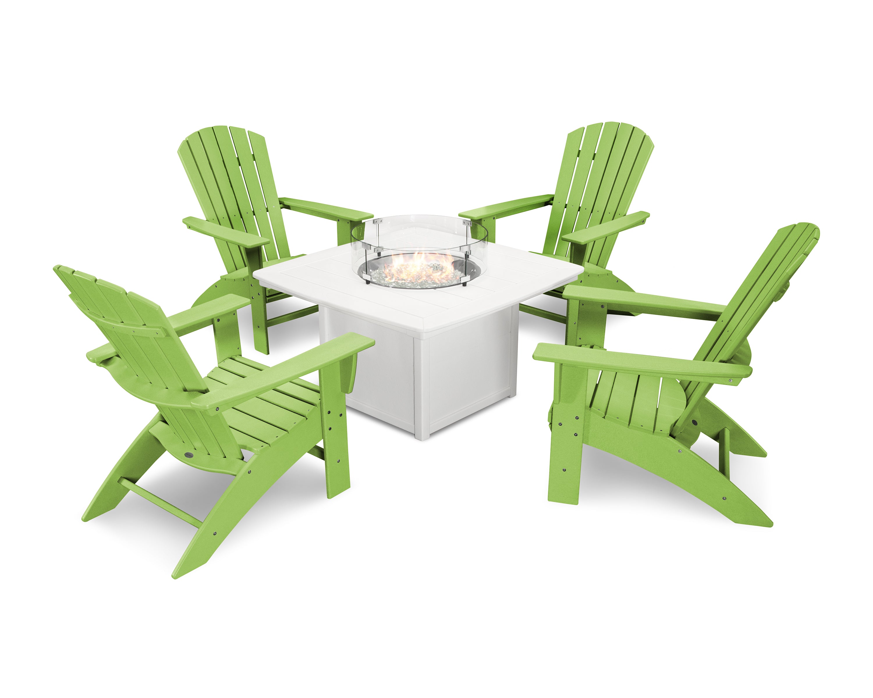 POLYWOOD Nautical Curveback Adirondack 5-Piece Outdoor Conversation Set with Fire Pit Table - Perfect for Patio, Deck, Poolside & Backyard Relaxation