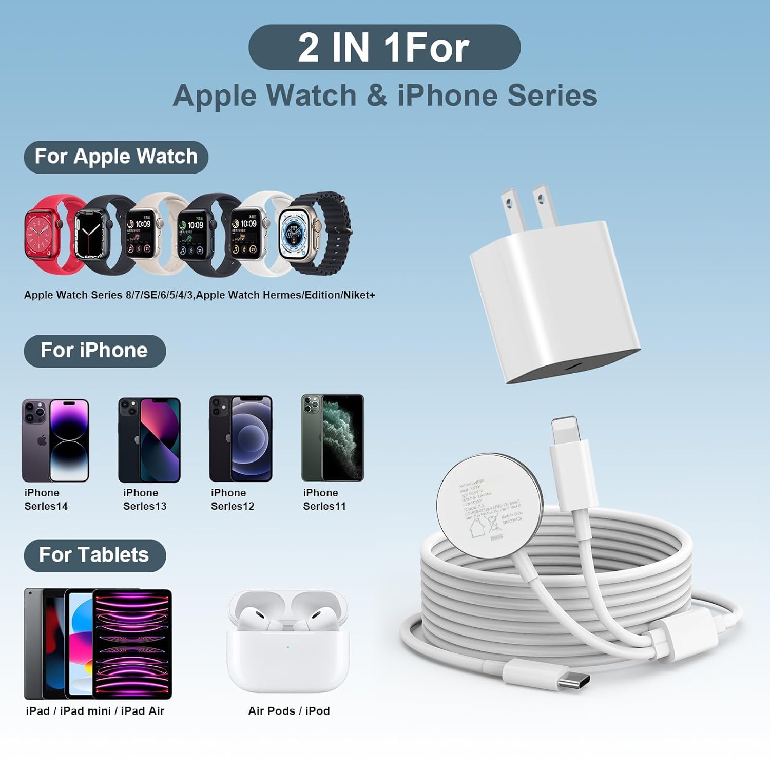Upgraded Apple Watch & iPhone 2-in-1 Fast Charger - MFi Certified USB C Charging Cable with 20W Power Adapter | Compatible with Apple Watch Series 10/9/8/7/6/SE/5/4 & iPhone 14/13/12/11 | Perfect for Travel, Office & Nightstand Charging