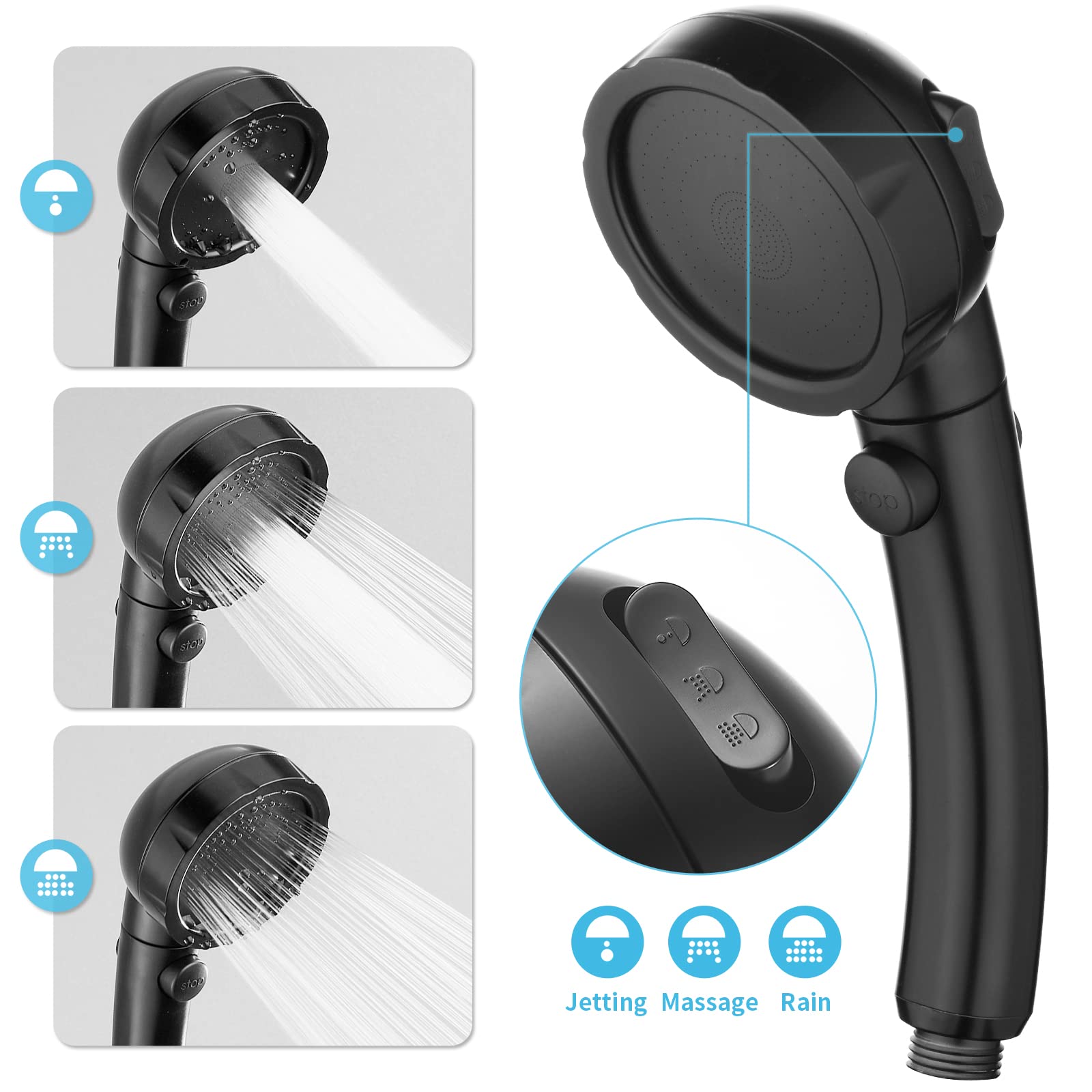 High Pressure Handheld Shower Head with Hose & On/Off Switch - Detachable RV Shower Head with Adjustable Holder (Black) for Camping, Travel & Home Bathroom Use