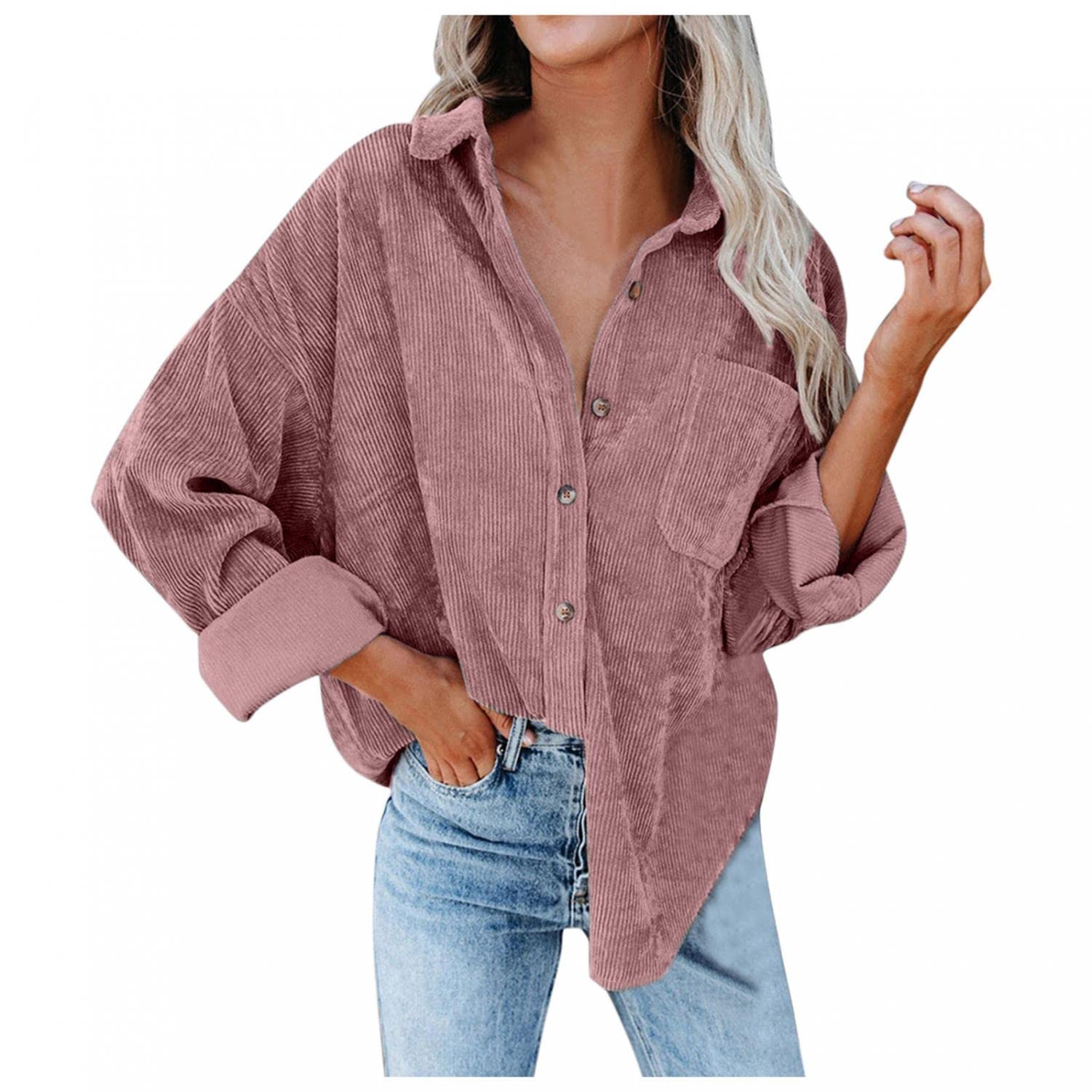 Women's Corduroy Button Down Shirt with Pocket - Casual Long Sleeve Oversized Blouse Top for Fall & Winter | Perfect for Work, Date Night & Everyday Wear