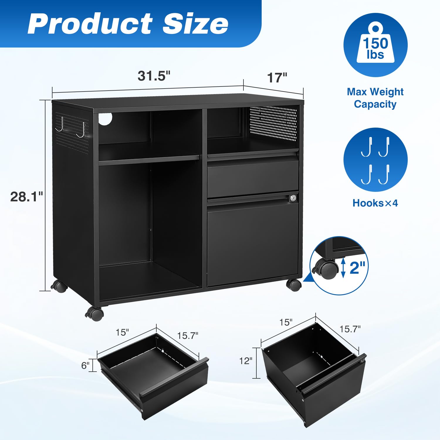 2-Drawer Metal Filing Cabinet with Lock - Lateral Home Office File Organizer, Rolling Printer Stand with Open Shelf for Letter/A4 Size Documents | Perfect for Office Storage & Workspace Organization