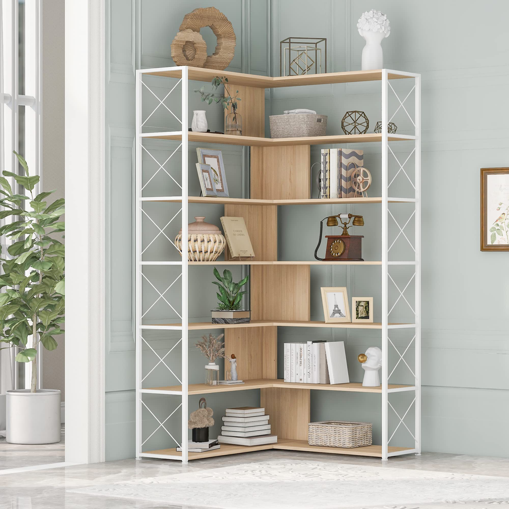 Merax 7-Tier L-Shaped Corner Bookcase - Industrial Style Metal Frame Bookshelf with Open Storage for Home Office (Oak, 70.9 Inches) - Perfect for Small Spaces, Living Room, Bedroom & Study Organization