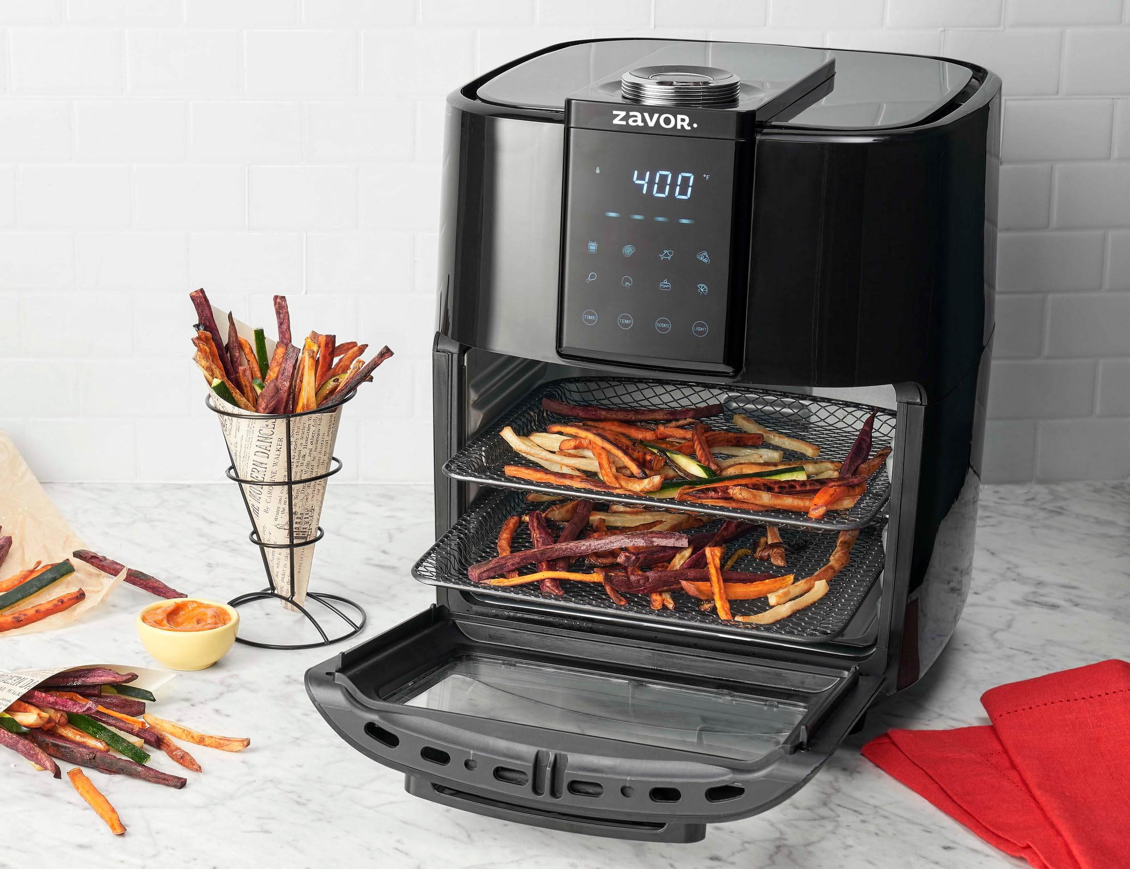 Zavor Crunch 12 Qt Multi-Function Air Fryer Toaster Oven Combo with Rotisserie, Dehydrator, Grill & Convection Cooking | 8 Presets, Large Capacity, Includes Accessories & Free Recipe eBook, Black | Perfect for Baking, Roasting, Air Frying & Healthy Meal Prep