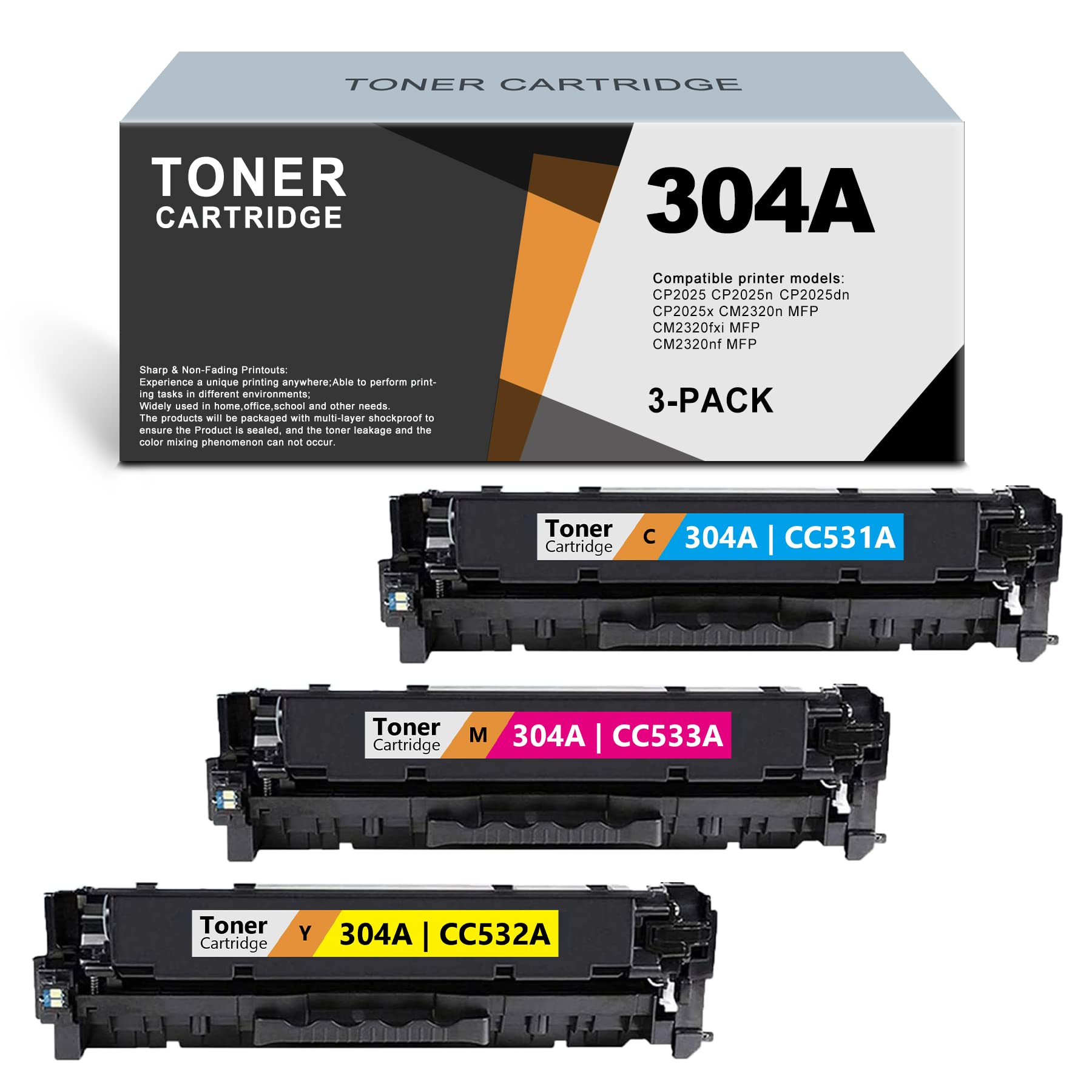 ARSEINK 3-Pack Compatible 304A CC531A CC532A CC533A Toner Cartridge Replacement for HP CP2025/CM2320 Series Printers (Cyan, Magenta, Yellow) - High Yield Printing for Office & Home Use