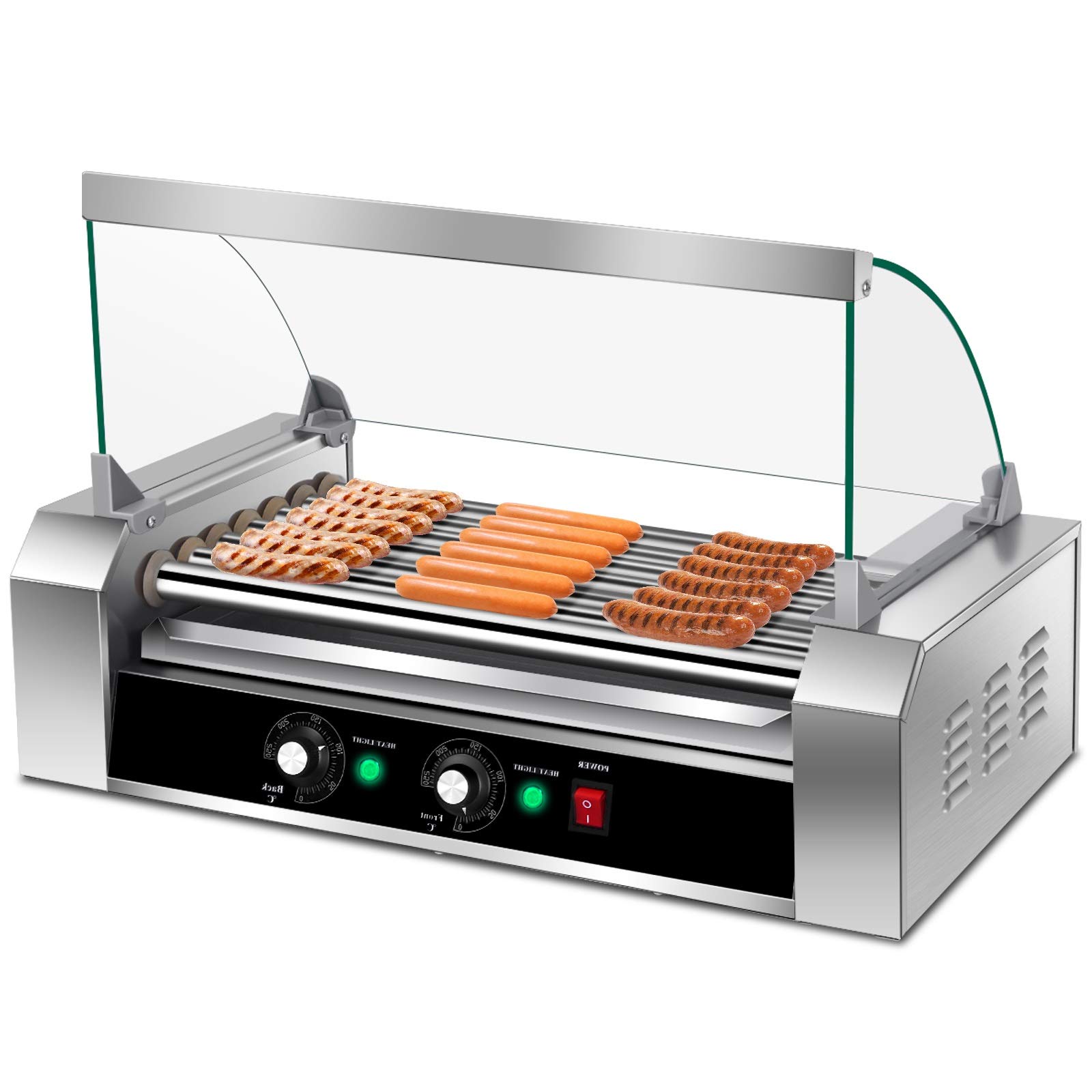 Commercial Electric Hot Dog Roller Machine - 18 Hot Dog Capacity with 7 Non-Stick Rollers, Removable Stainless Steel Drip Tray & Glass Hood Cover - Perfect for Restaurants, Carnivals, Food Trucks and Home BBQ Parties
