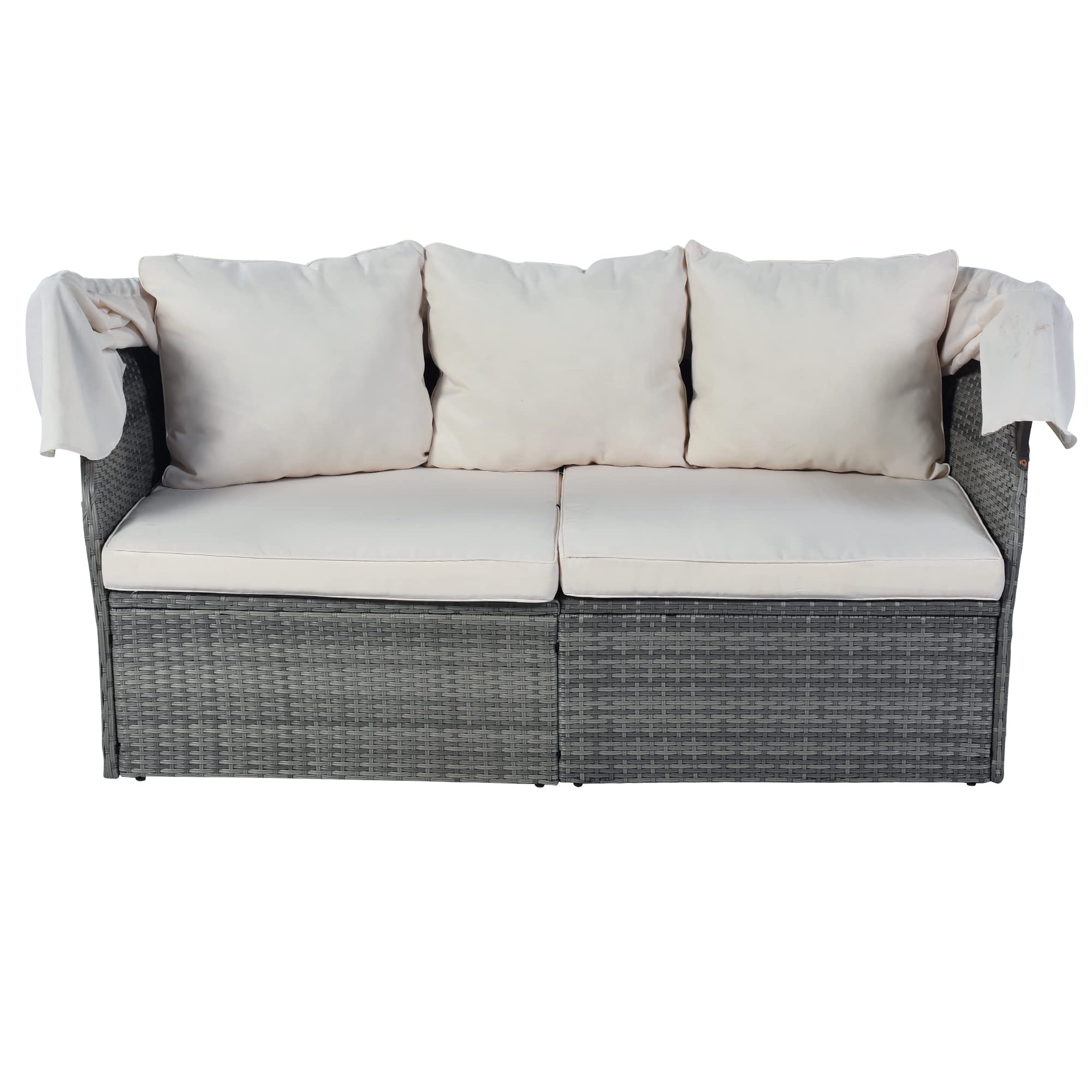 Outdoor Round Sunbed with Retractable Canopy, Coffee Table & Cushions - All-Weather Patio Furniture Set, Wicker Sectional Sofa Conversation Set for Backyard, Poolside or Garden (Beige & Blue Gray)