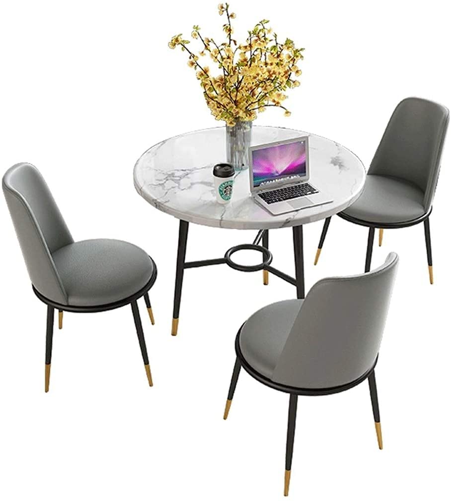 Modern Round Dining Table Set with 3 Chairs - Leather Upholstered & Marble Top for Home, Restaurant, Balcony or Reception Area - Perfect for Family Meals, Business Meetings & Small Gatherings