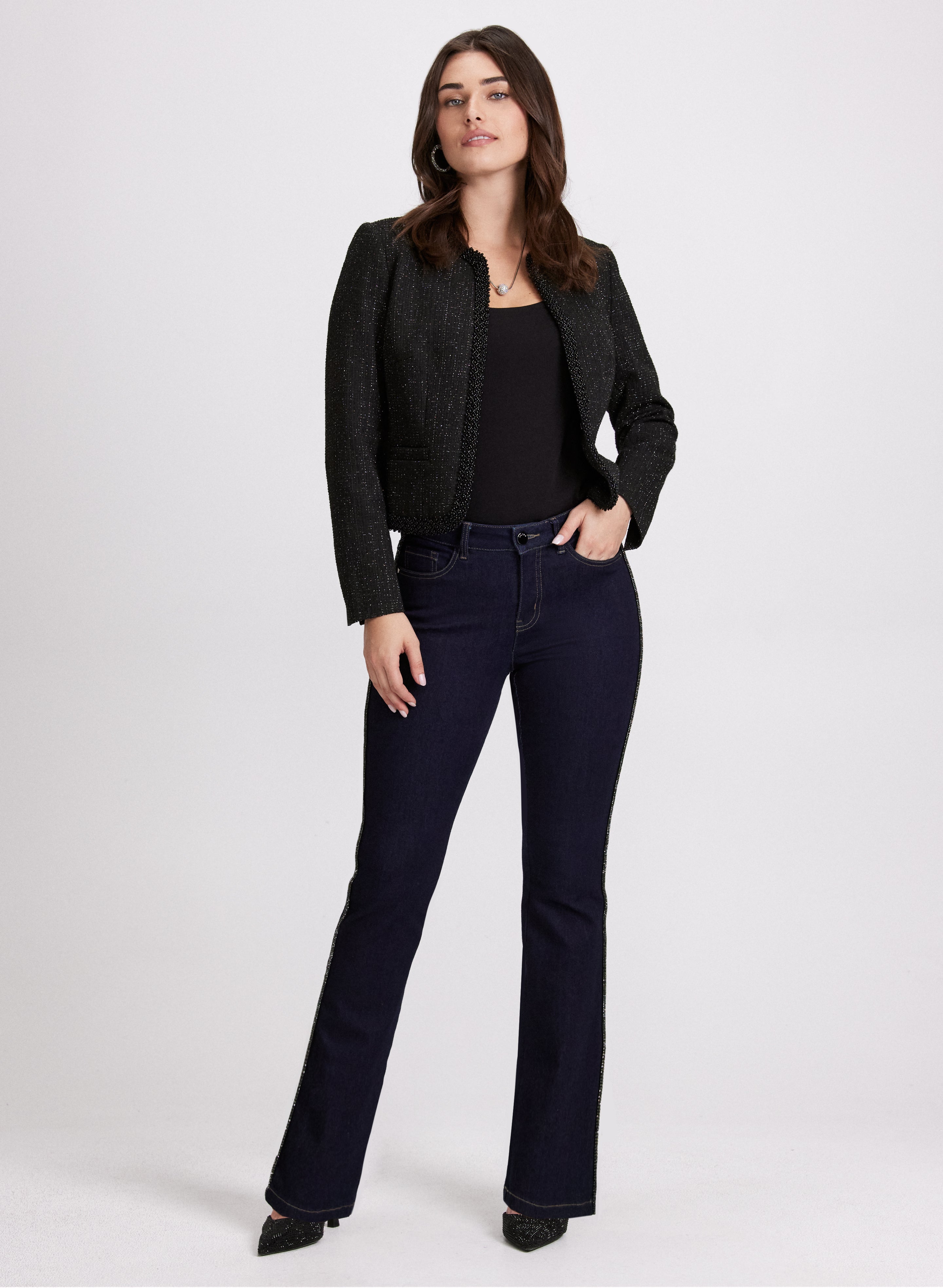 Beaded Bouclé Jacket & Beaded Flare Leg Jeans Set - Stylish Women's Outfit for Party, Date Night & Special Occasions