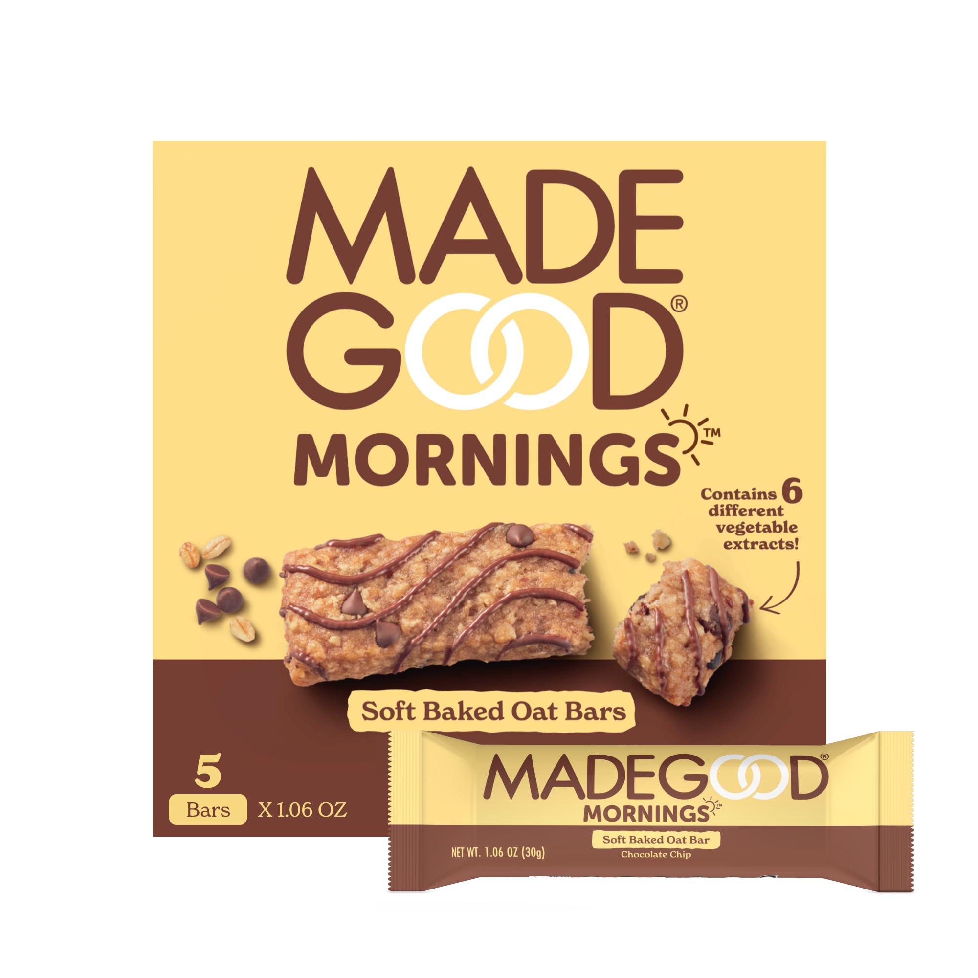 Organic MadeGood Morning Chocolate Chip Bars, 5 Count (5.3oz) - Gluten Free, Vegan, School Safe Snacks for Kids Breakfast & Lunch Boxes