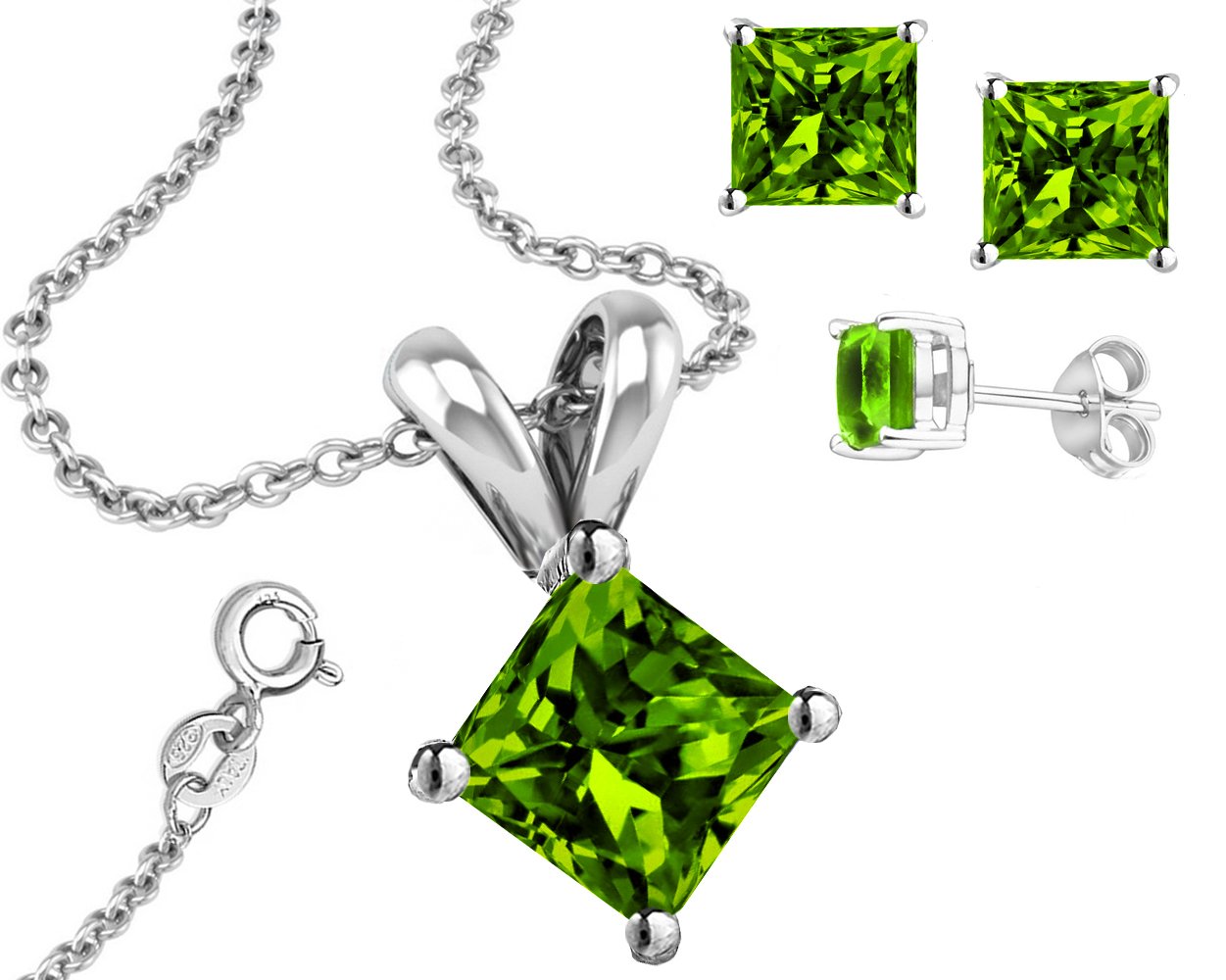 FANTOM 925 Sterling Silver Princess Cut Simulated Peridot Pendant & Earrings Set - 1ct Stone, 2ctw - Elegant Jewelry Gift for Women, Perfect for Weddings, Anniversaries & Special Occasions