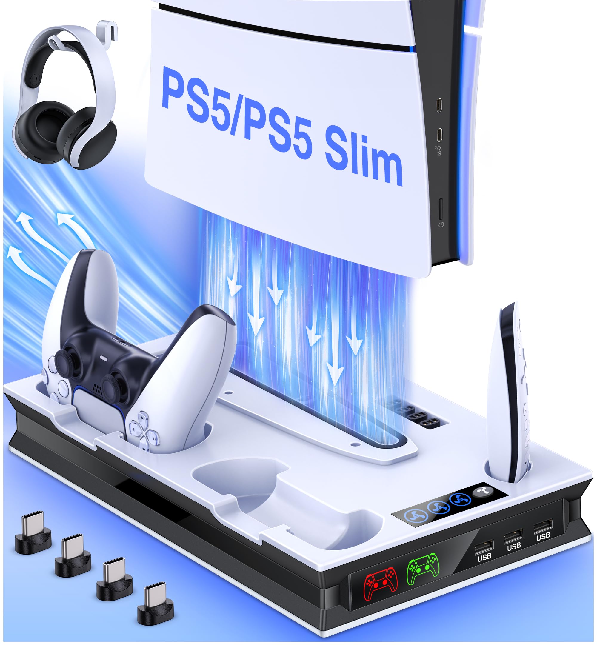 PS5 Slim Stand & Cooling Station with Dual Controller Charger - Vertical Stand for PlayStation 5 Slim Digital/Disc Edition - Includes Headset Holder, 3 USB Hub & Cable Management - Perfect for Gaming Setup & Console Protection