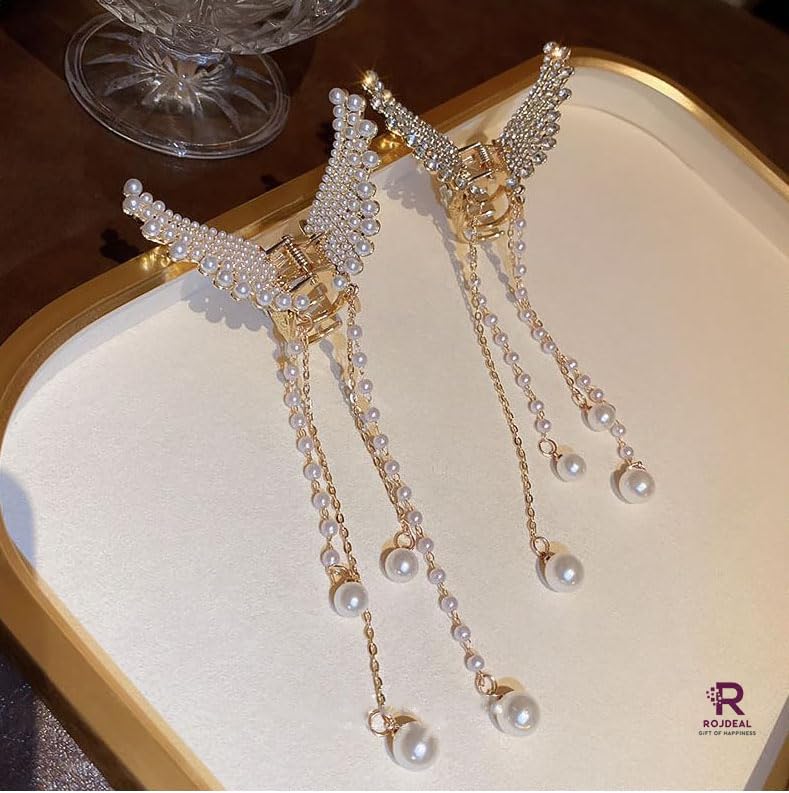 Sparkling Rhinestone Pearl Hair Claw Clips for Women - Crystal Metal Butterfly Tassel Hair Clamps (1 Piece) - Elegant Hair Styling Accessories for Parties, Weddings & Everyday Wear
