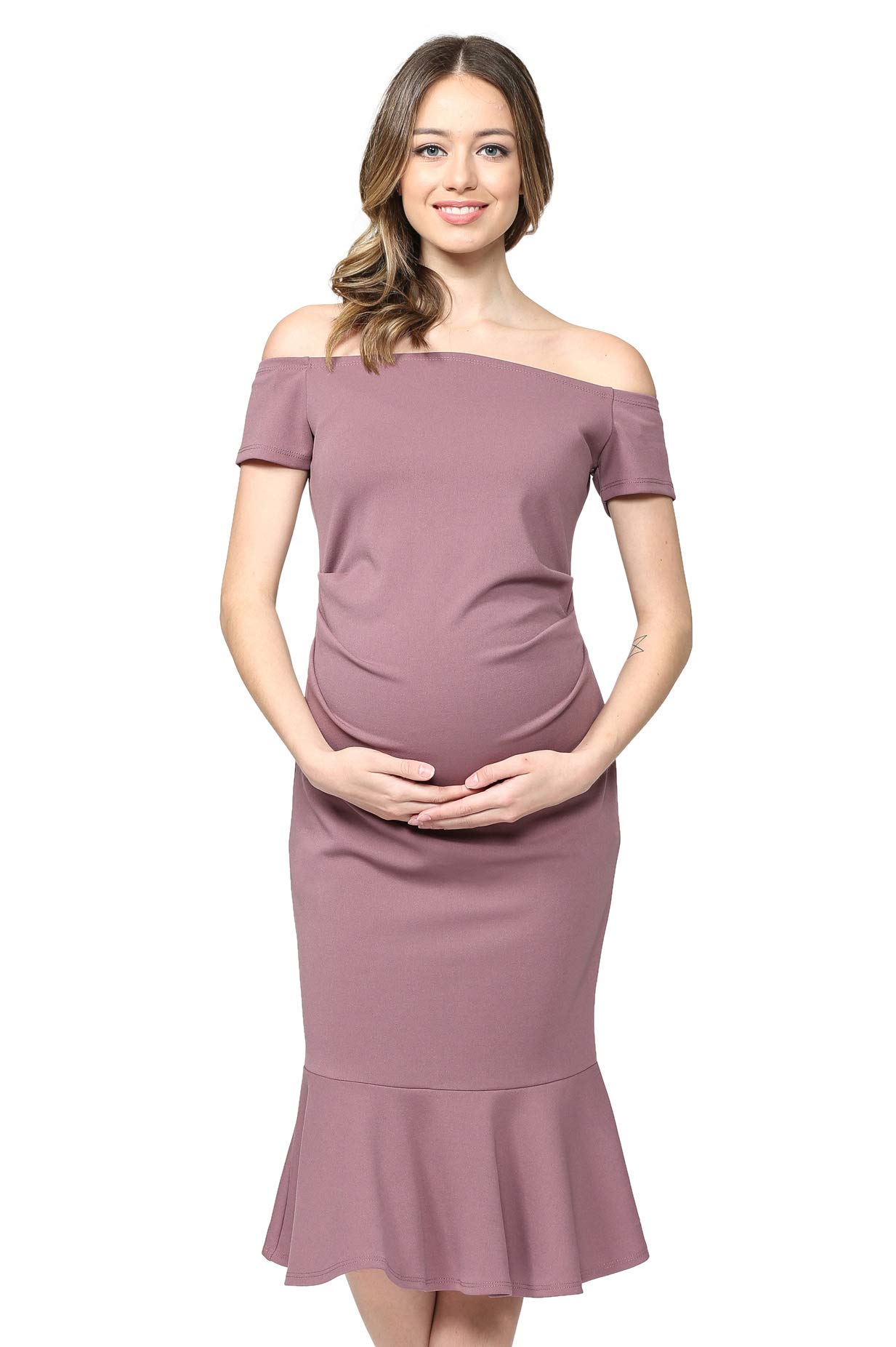 LaClef Women's Off Shoulder Maternity Midi Dress with Mermaid Hem - Flowy Pregnancy Dress for Baby Shower, Maternity Photo Shoot & Summer Vacation