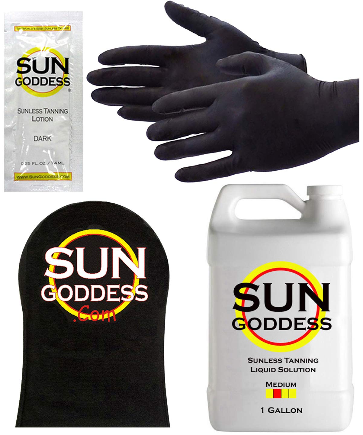 **SUN GODDESS Medium Spray Tan Solution - 1 Gallon Sunless Self-Tanning Liquid for Airbrush & HVLP Systems - Includes Applicator Mitt, Gloves & Fake Tanner Mousse Sample - Perfect for Salon, Home Use & Spray Tanning Business**