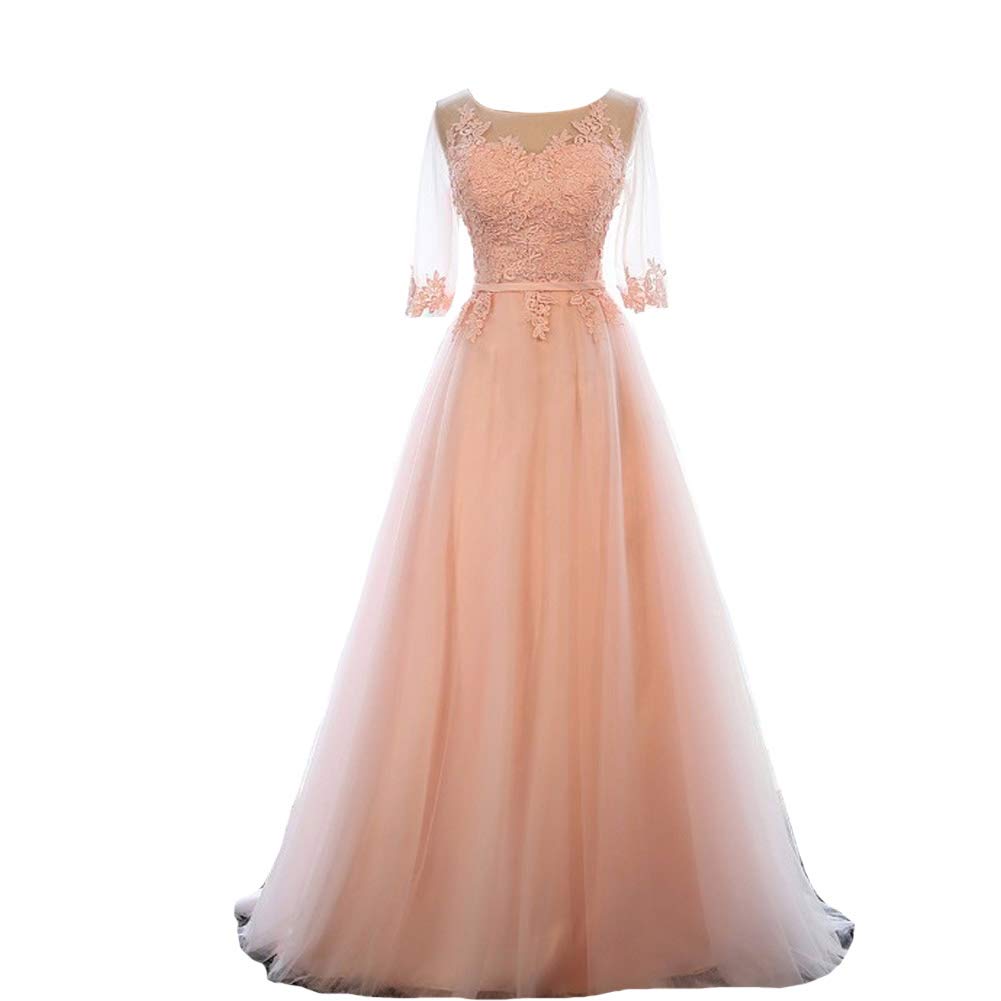 Kivary® Peach-Pink Sheer Half Sleeves A-Line Corset Prom Evening Dress for Women - Elegant Formal Gown for Homecoming, Wedding, and Special Occasions
