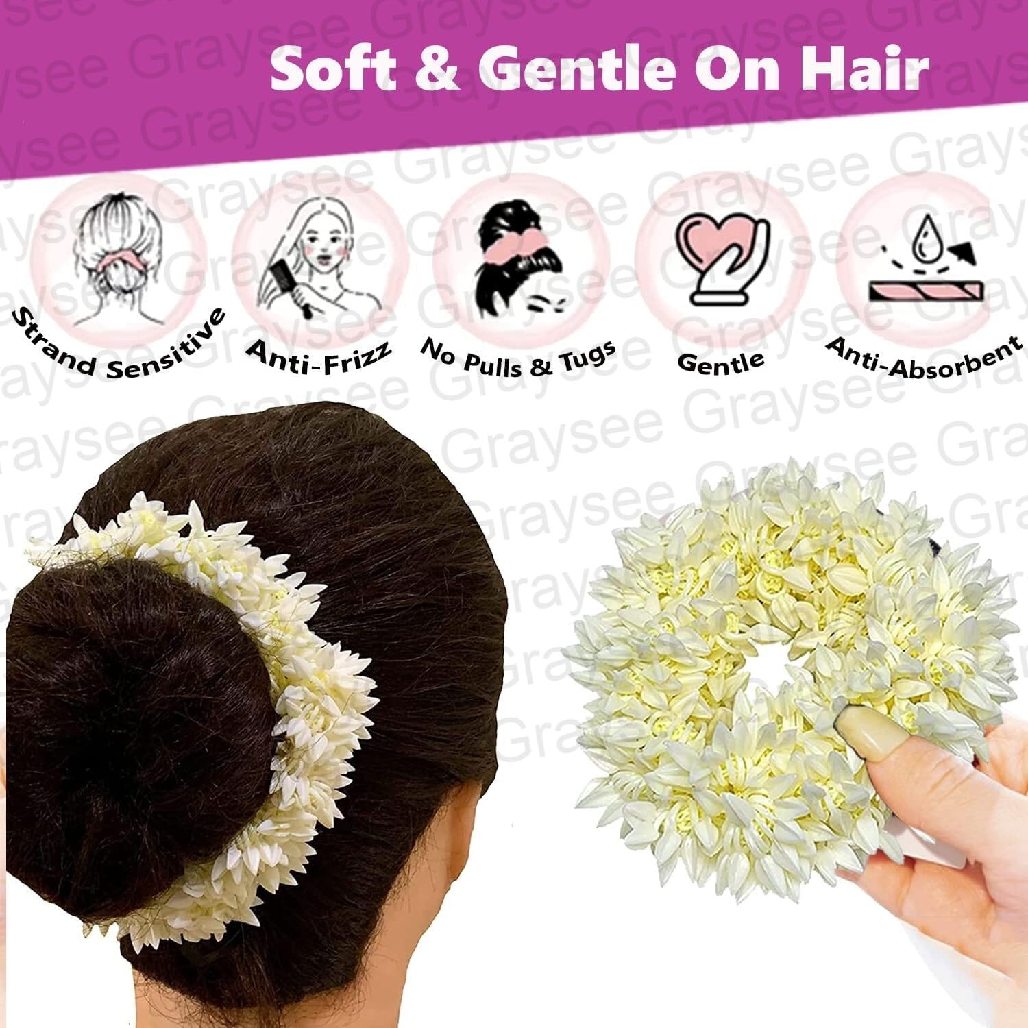 Graysee Scented Mogra Gajra Hair Accessories for Women & Girls - Artificial Hair Flower Bun, Fake Gajra Scrunchies, Rubber Band Hair Braiders (Pack of 2) - Perfect for Weddings, Parties & Traditional Outfits
