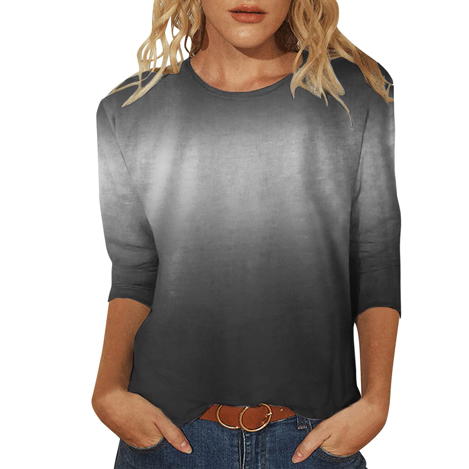 Women's Floral Loose Fit Tunic Top with Side Split - 3/4 Sleeve O-Neck Summer Tee for Running, Yoga & Casual Wear