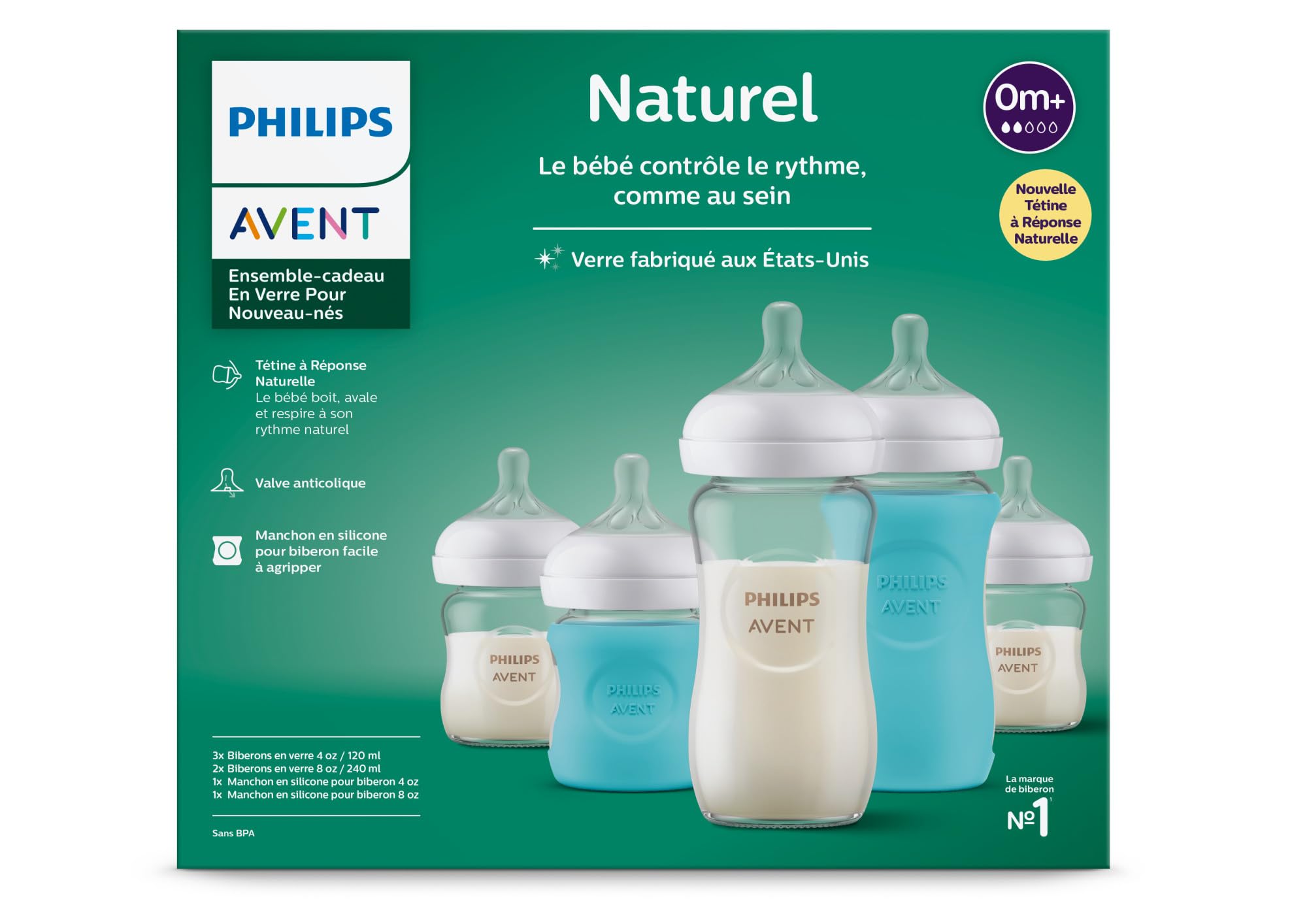 Philips Avent Natural Newborn Glass Baby Bottle Gift Set - 3x 4oz (Slow Flow) & 2x 8oz (Medium Flow) with Natural Response Nipples & 2 Silicone Sleeves - Perfect for Breastfeeding Transition & On-the-Go Feeding (SCD858/01)