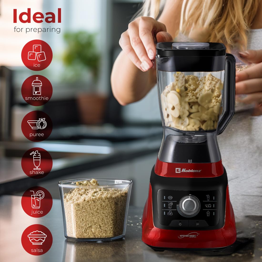 Koblenz Bob Blender 1400W - 6-Speed Countertop Blender with Reversible Motor, 68oz BPA-Free Jug & Travel Cup - Super Quiet for Smoothies, Protein Shakes & Meal Prep (Black/Red, LKM-9608)
