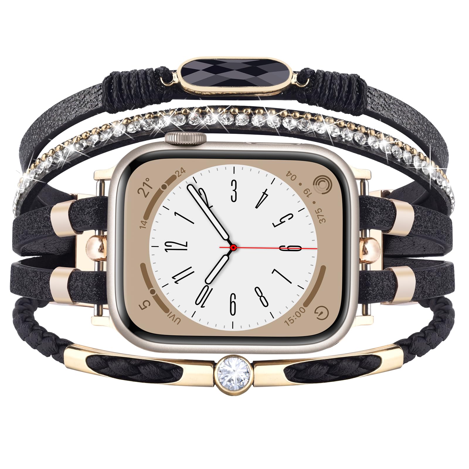 Boho Leather Apple Watch Band for Women - Adjustable 38mm 40mm 41mm iWatch Strap Compatible with Series 10/9/8/7/6/5/4/3/2/1/SE - Stylish Multilayer Wrap Bracelet for Everyday Wear & Boho Fashion Accessories