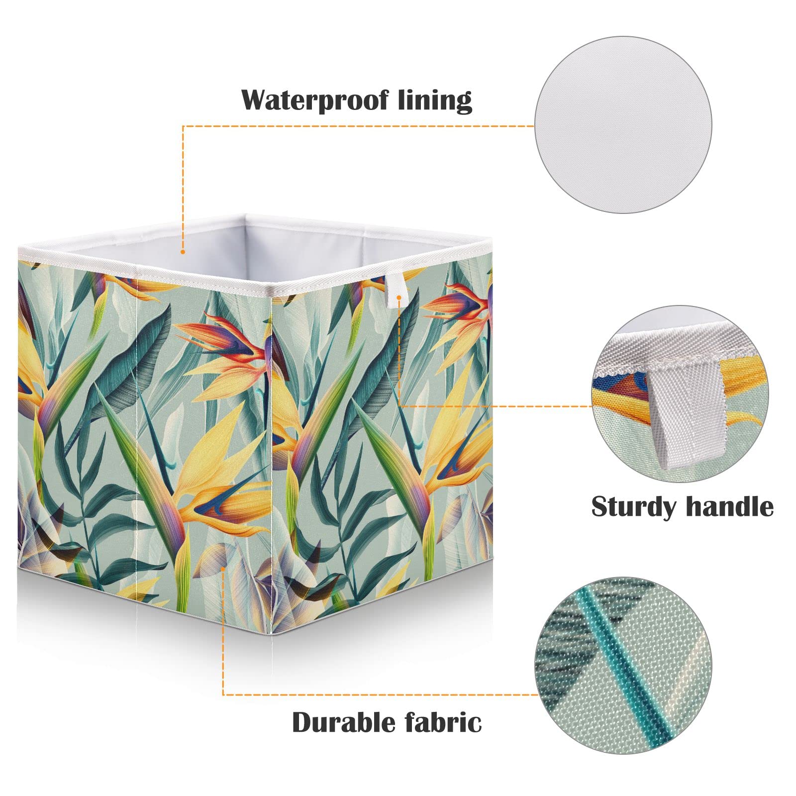 Seamless Tropical Flower Plant Leaf Square Collapsible Storage Bins | Foldable Toy Nursery Basket with Handles | Cloth Cube Organizer for Shelves & Closet | Perfect for Home Organization, Kids Room & Closet Storage