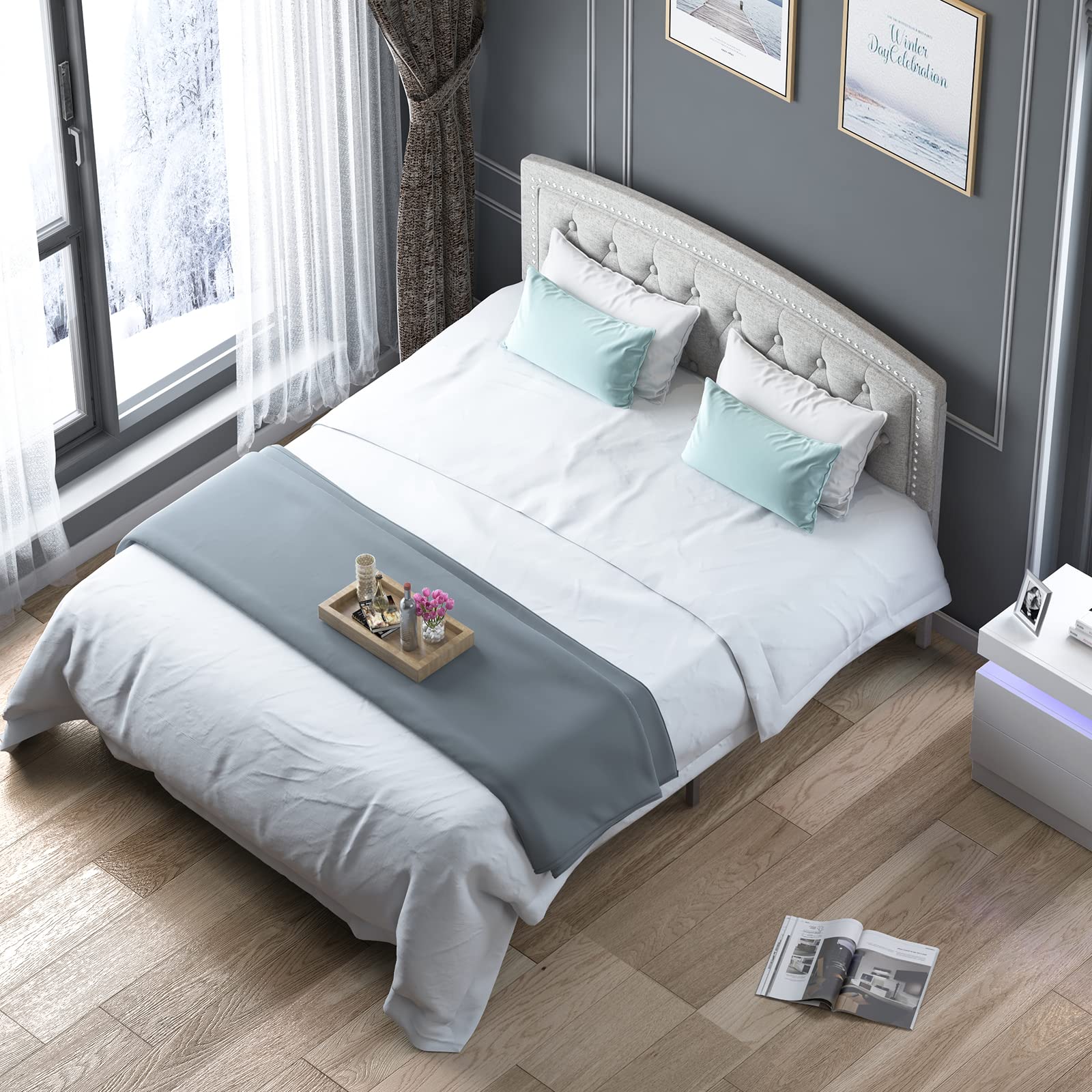 BALUS King Size Platform Bed Frame with Headboard & Button Trim - No Box Spring Needed, Easy Assembly - Light Grey - Perfect for Modern Bedrooms & Guest Rooms