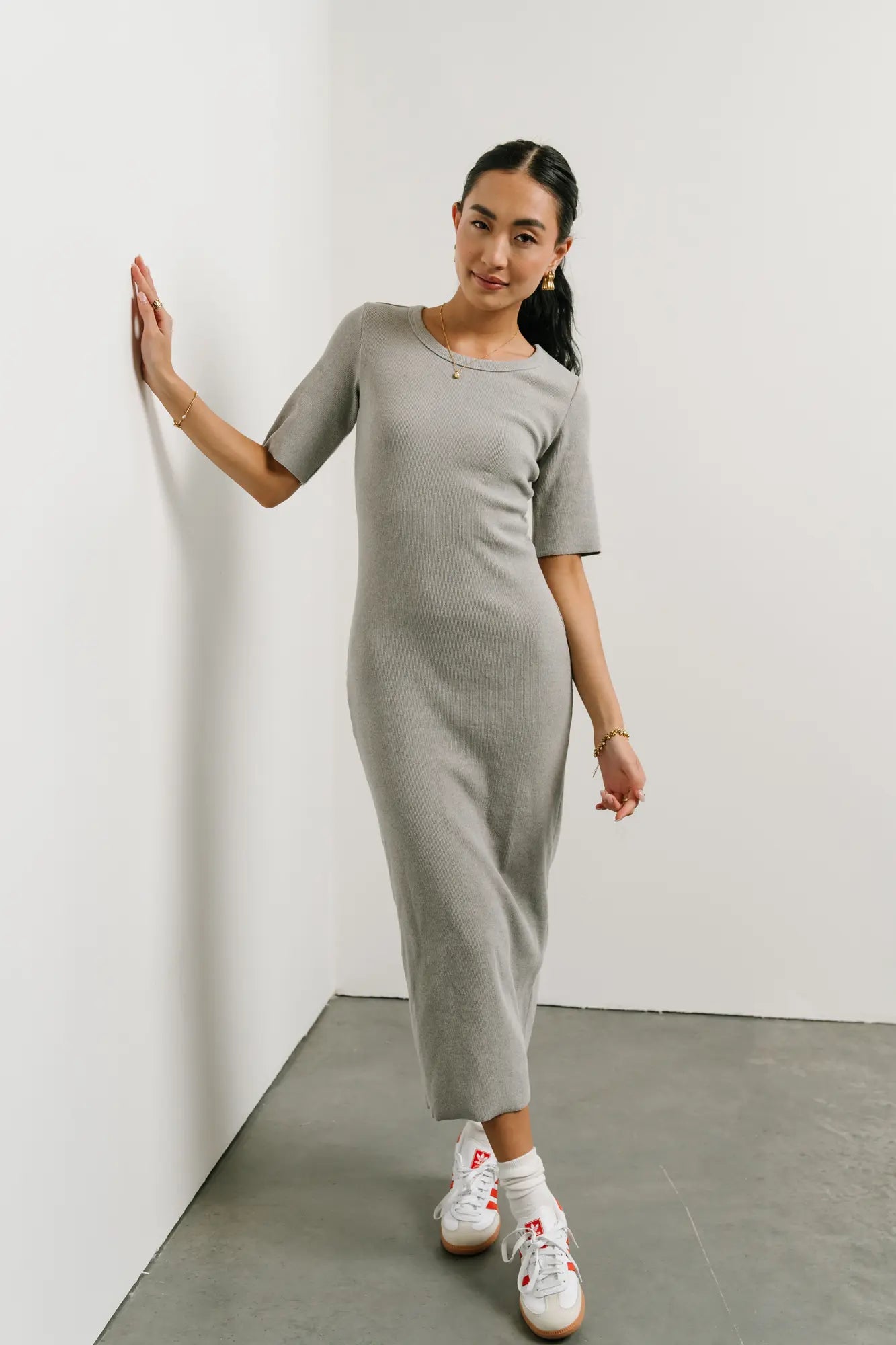 Lori Ribbed Dress in Grey - Women's Slim Fit Knit Midi Dress for Casual & Office Wear | FINAL SALE