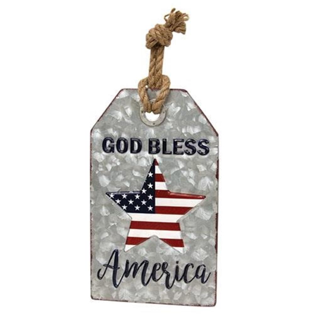 God Bless America Metal Tag with Jute Rope - Patriotic Home Decor, Gift for Veterans & Military, Perfect for Wall Hanging, Backpack or Keychain