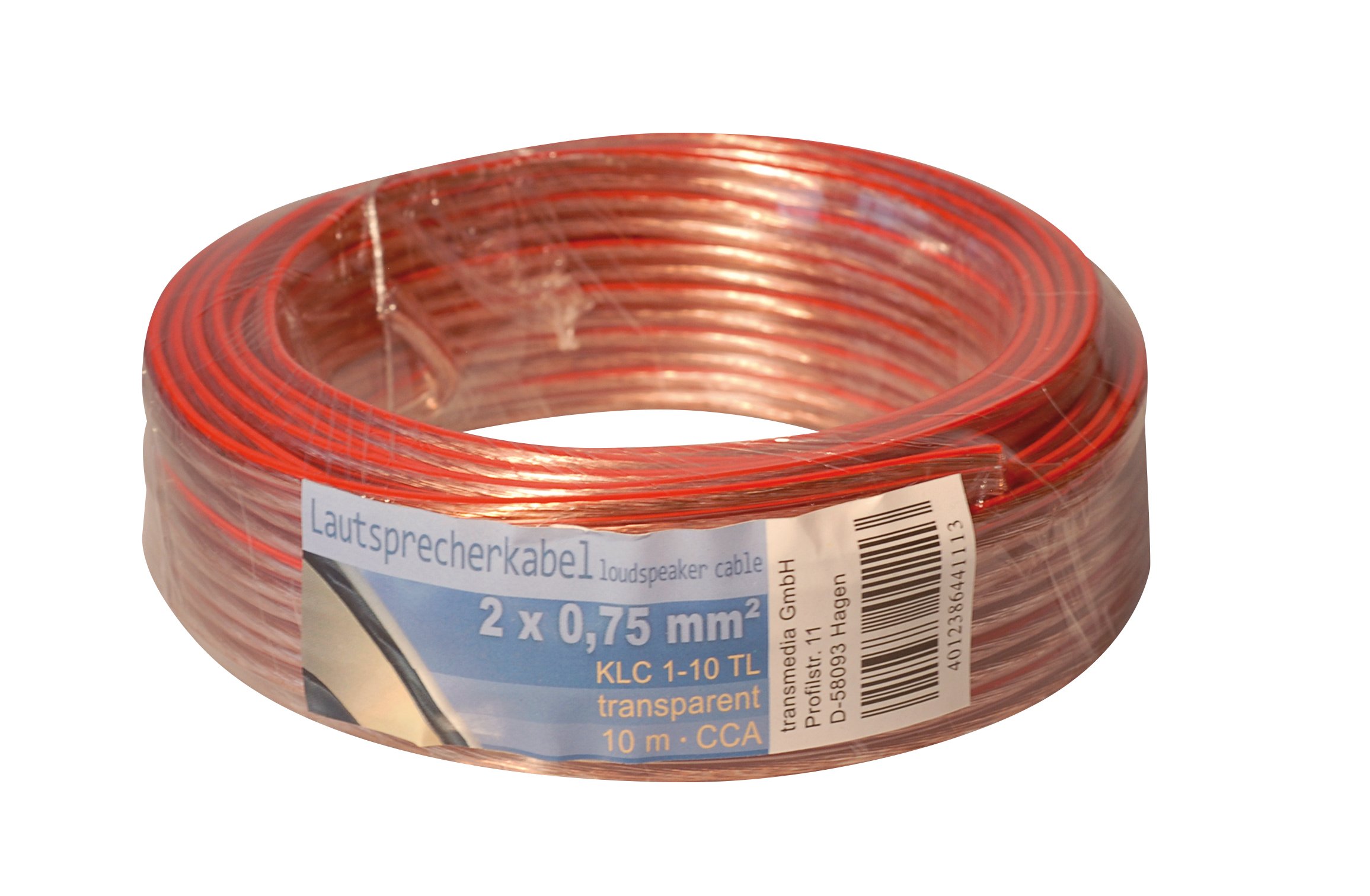 Transmedia KLC1-10TL High-Quality Speaker Cable - 2 x 0.75 mm² CCA Inner Conductor, 10m Clear Audio Cable for Home Theater, Studio & Outdoor Sound Systems