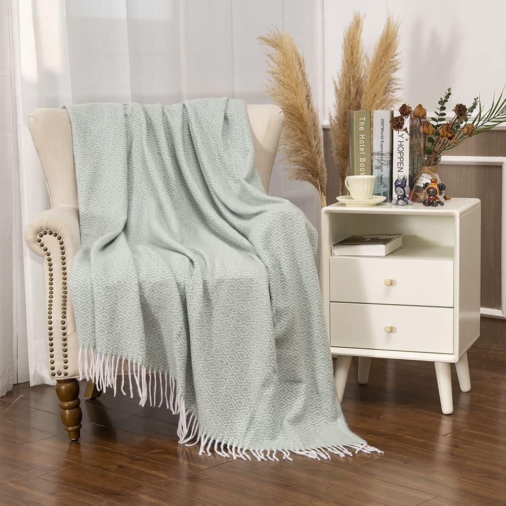 Gealaek Diamond Lattice Faux Cashmere Throw Blanket - Honeydew Fringe, Lightweight & Ultra Soft Cozy Blanket (50