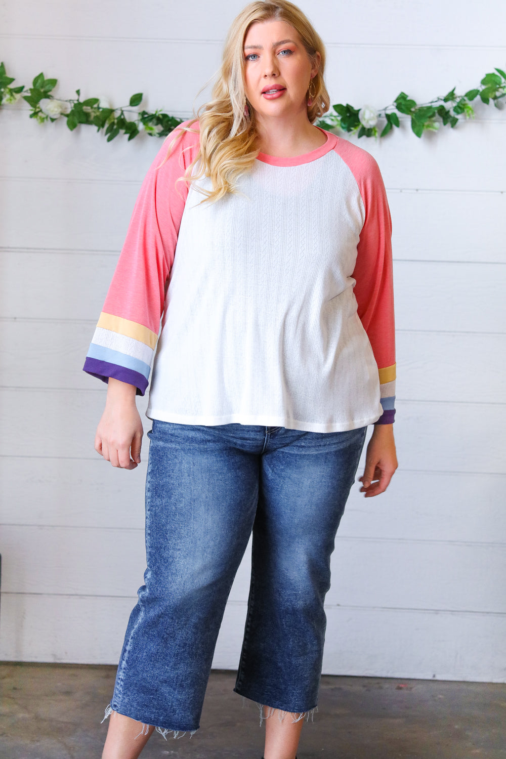 Stylish Pink Pointelle Color Block Wide Sleeve Pullover Sweater | Women's Fashion Knit Top | Perfect for Casual Outings & Layering