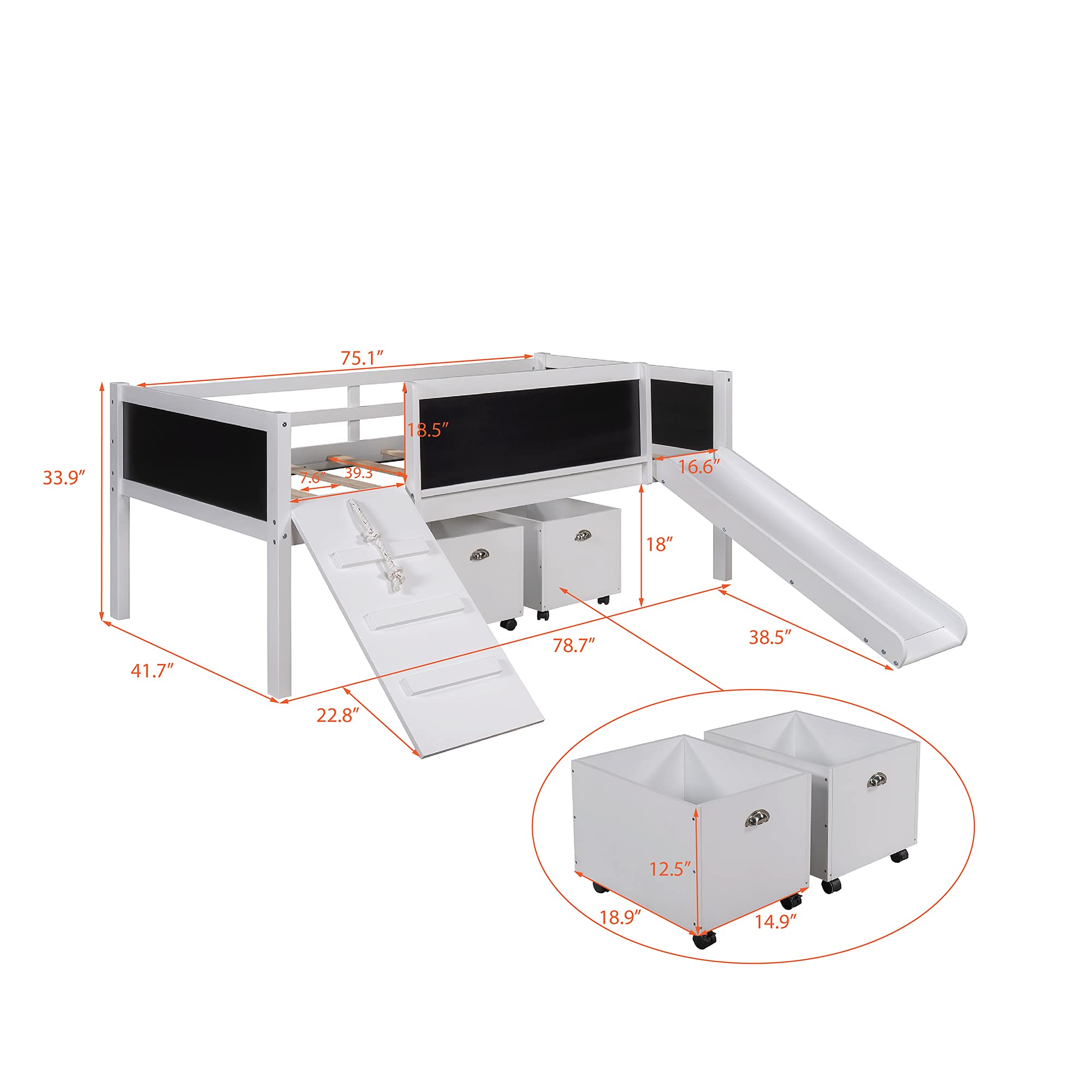 Rhomtree Solid Wood Twin-Size Low Loft Bed Frame with 2 Storage Drawers, Slide & Climbing Ladder - Space-Saving Kids Furniture for Small Bedrooms (White)