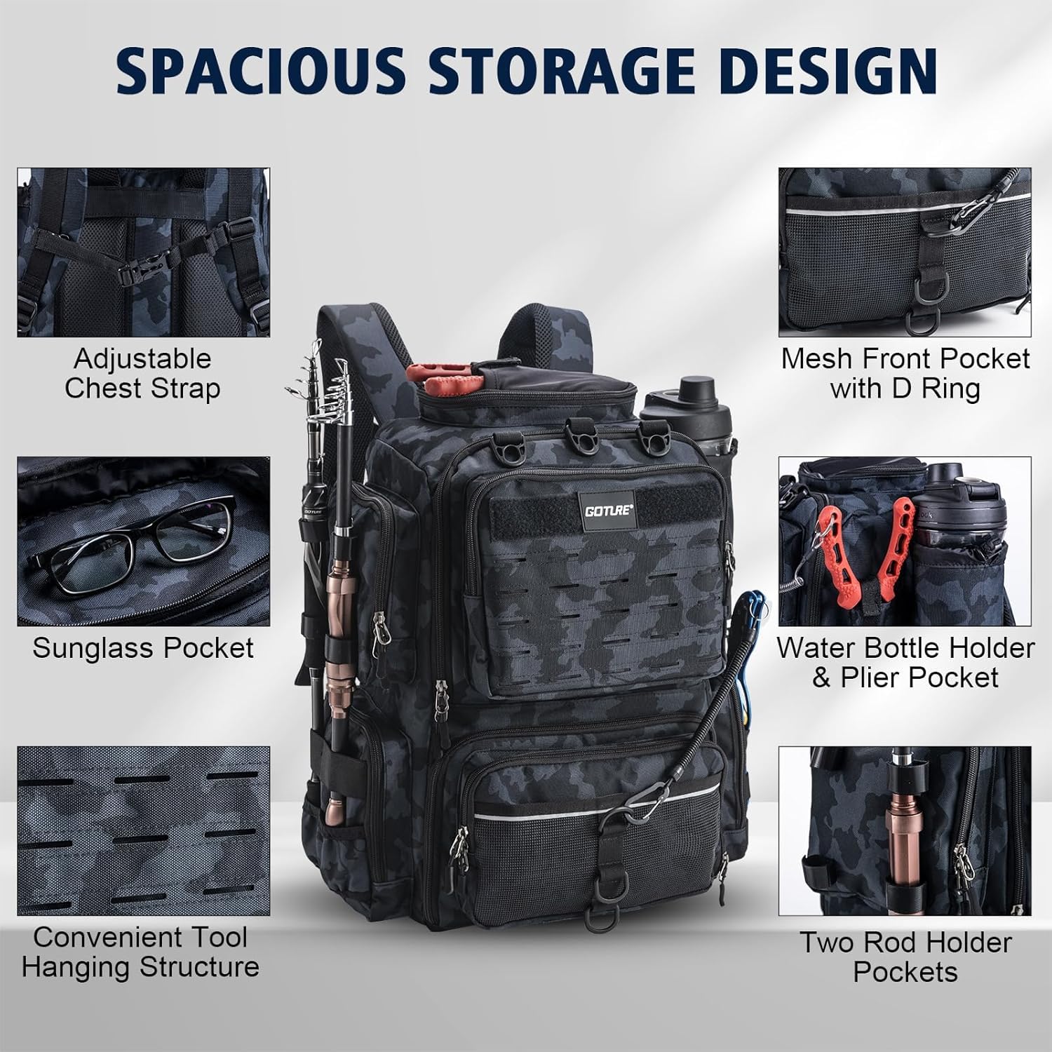 Goture 45L 600D Fishing Backpack with 4 Tackle Boxes & Rod Holders - Large Waterproof Fishing Gear Storage Bag with 8 Lure Pockets & Rain Cover - Perfect for Camping, Hiking, Bass Fishing & Outdoor Adventures