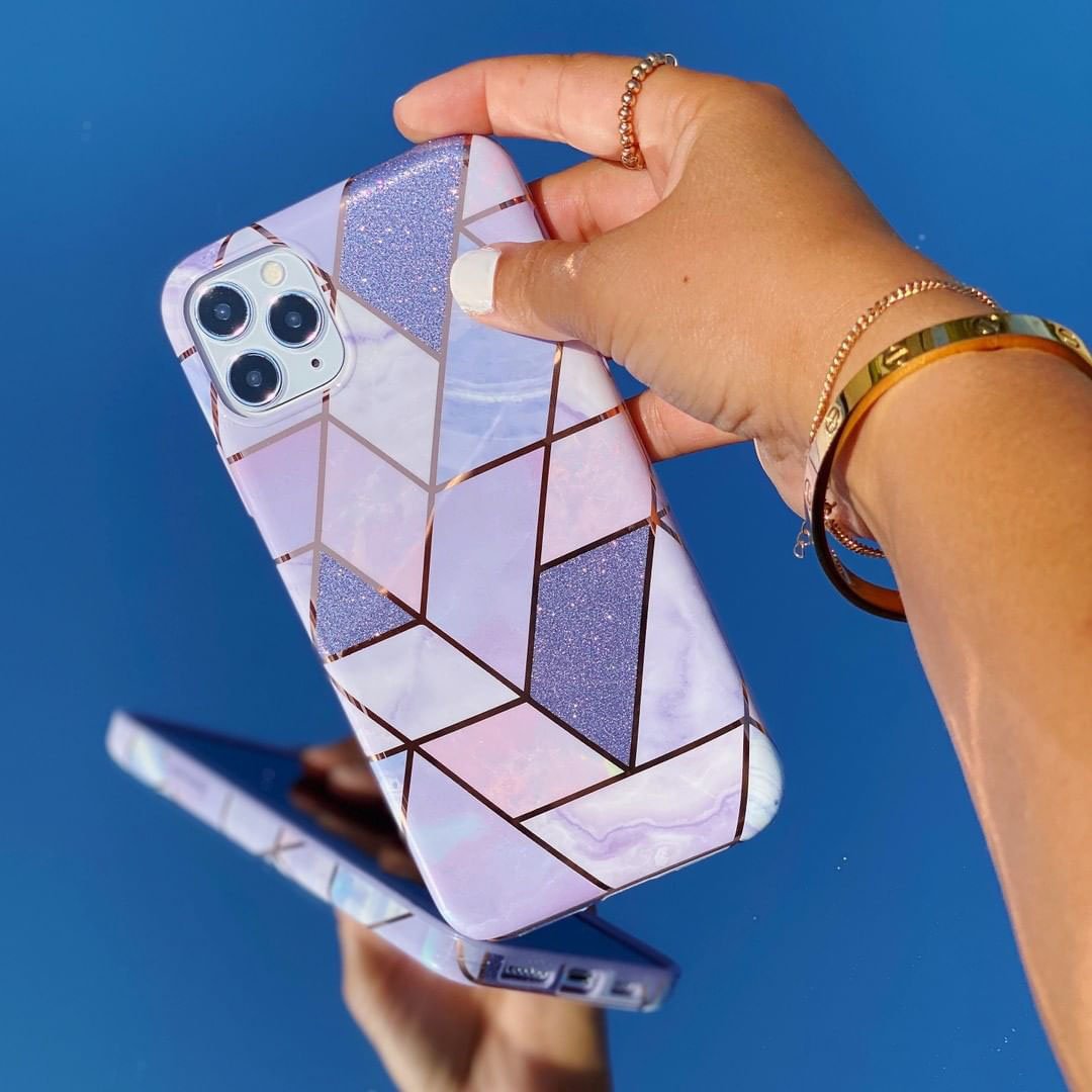Stylish Purple Geometric Marble iPhone Case - Durable Protective Cover for iPhone 13/14/15 Pro Max - Trendy Aesthetic Phone Case for Women & Men - Perfect for Daily Use, Travel & Gift Giving