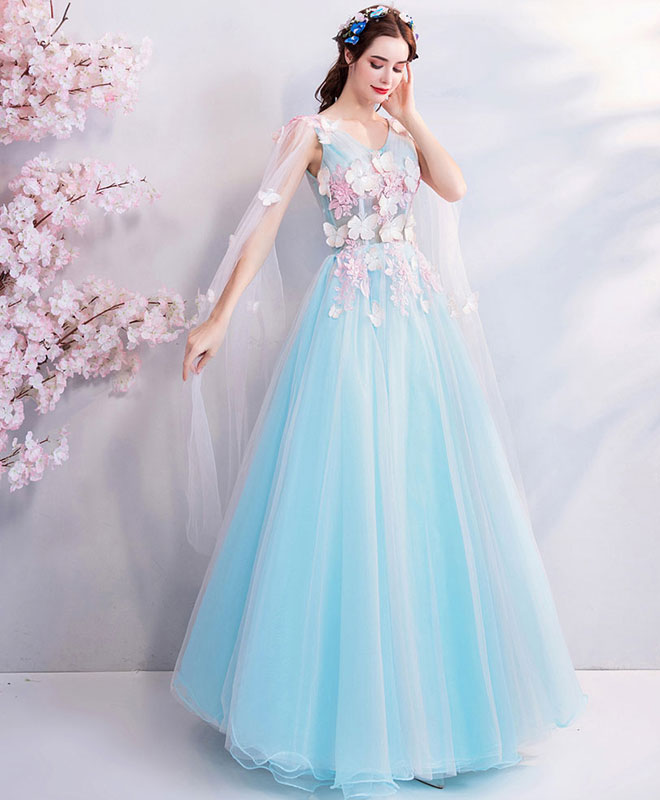 Elegant Blue V-Neck Tulle Prom Dress | Long Formal Evening Gown for Women | Perfect for Homecoming, Prom Night & Special Occasions