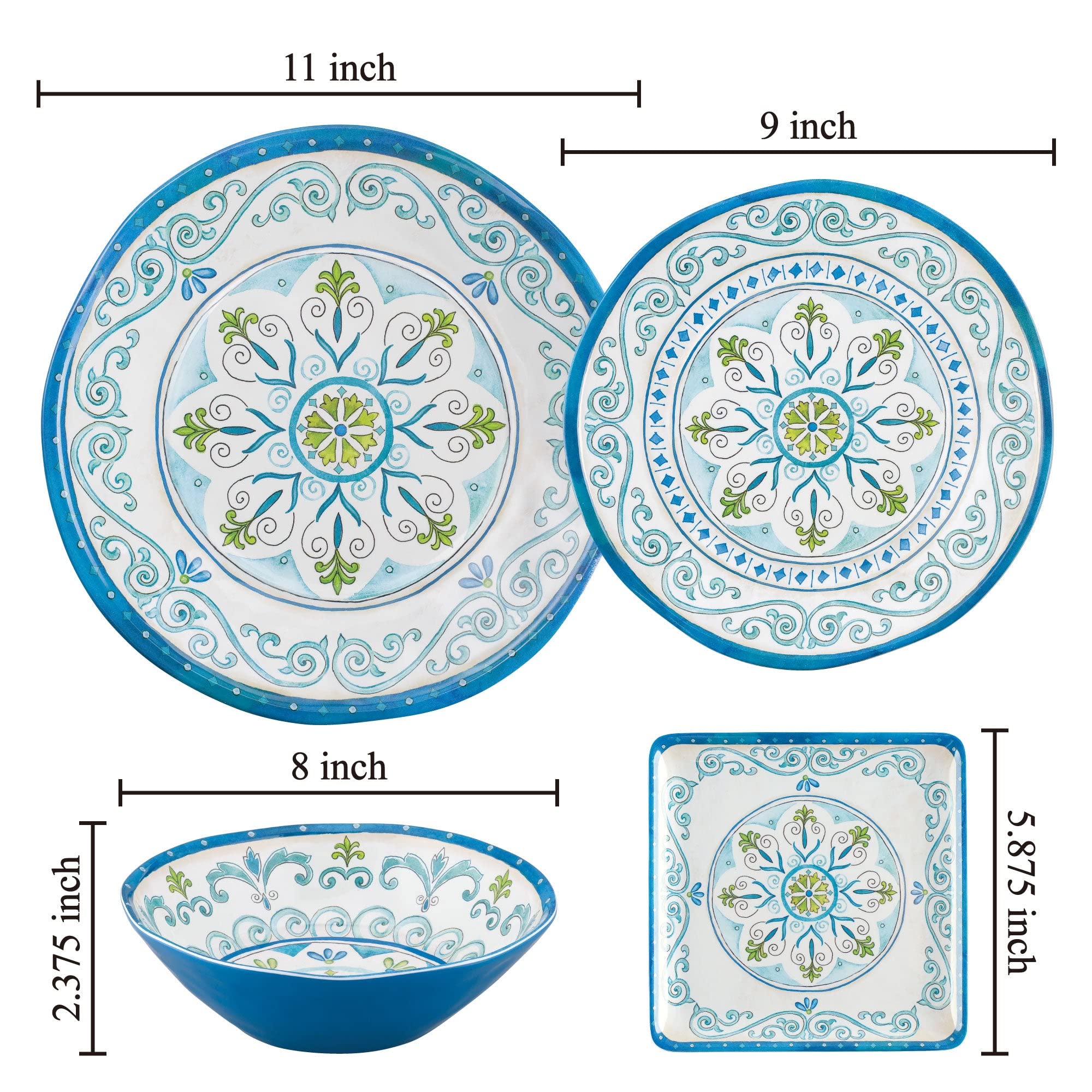 UPware 12-Piece Medallion Floral Melamine Dinnerware Set - Durable Outdoor Dishes, Plates & Bowls for 4 - Shatterproof Blue Tableware - Perfect for Picnics, Camping & Outdoor Dining