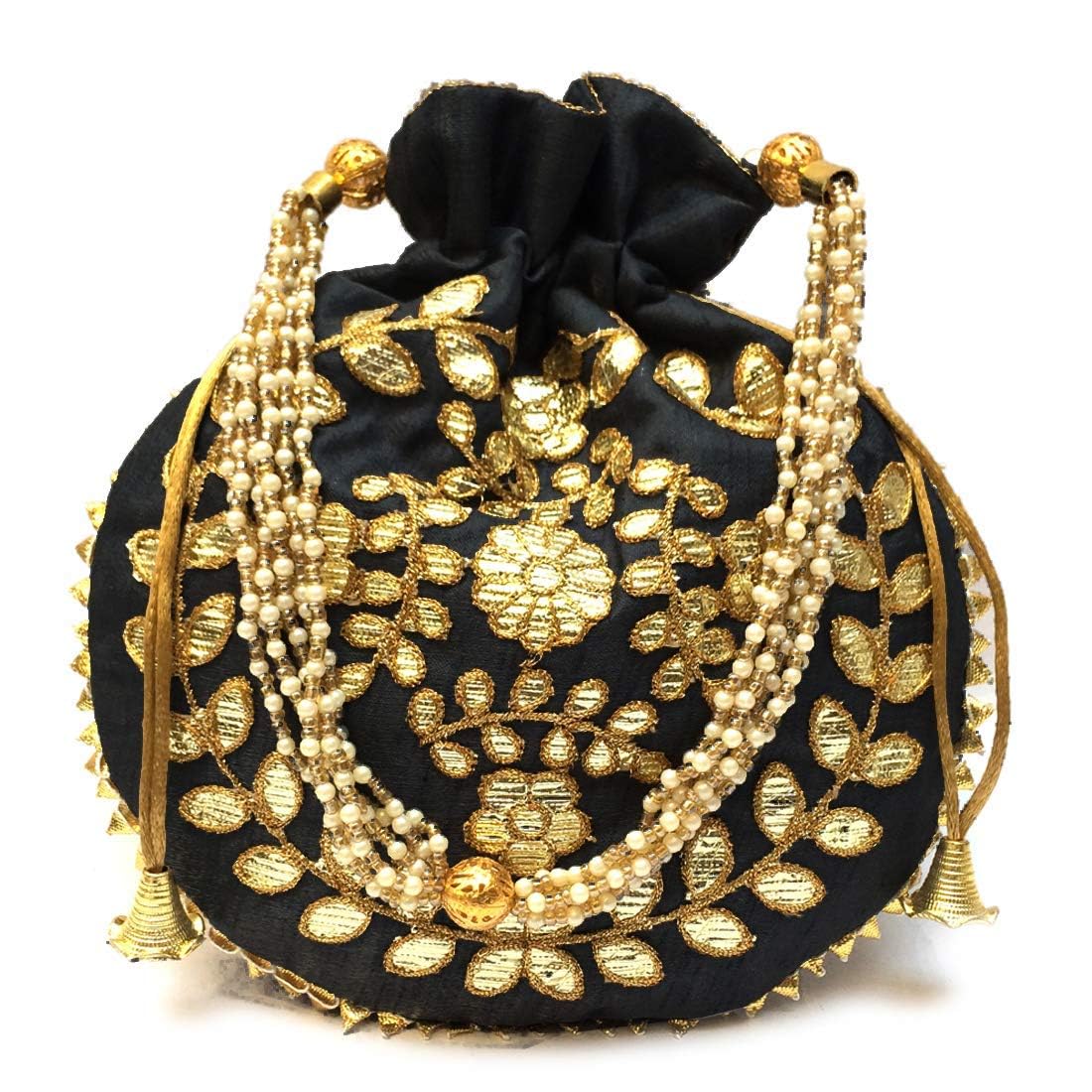 Elegant Black Jewelry Coin Pouch with Pearl Handle - Women's Batwa Wedding Potli Bag & Drawstring Clutch Purse (23x24cm) - Perfect for Bridal Accessories, Gift Giving & Special Occasions