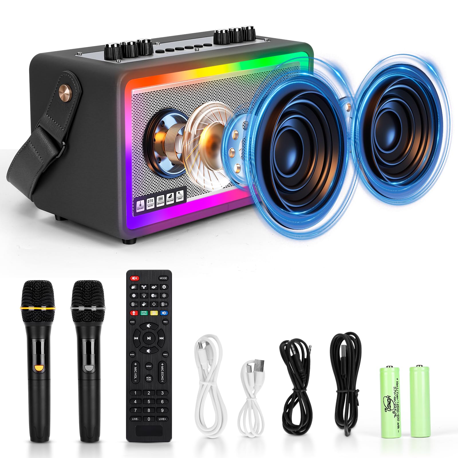 Portable Karaoke Machine with 2 UHF Wireless Microphones - Bluetooth Speaker for Adults, PA System with Remote Control, Volume Adjustment & LED Lights (Supports TF/USB/AUX/OTG) - Perfect for Home Parties, Outdoor Gatherings & Professional Performances
