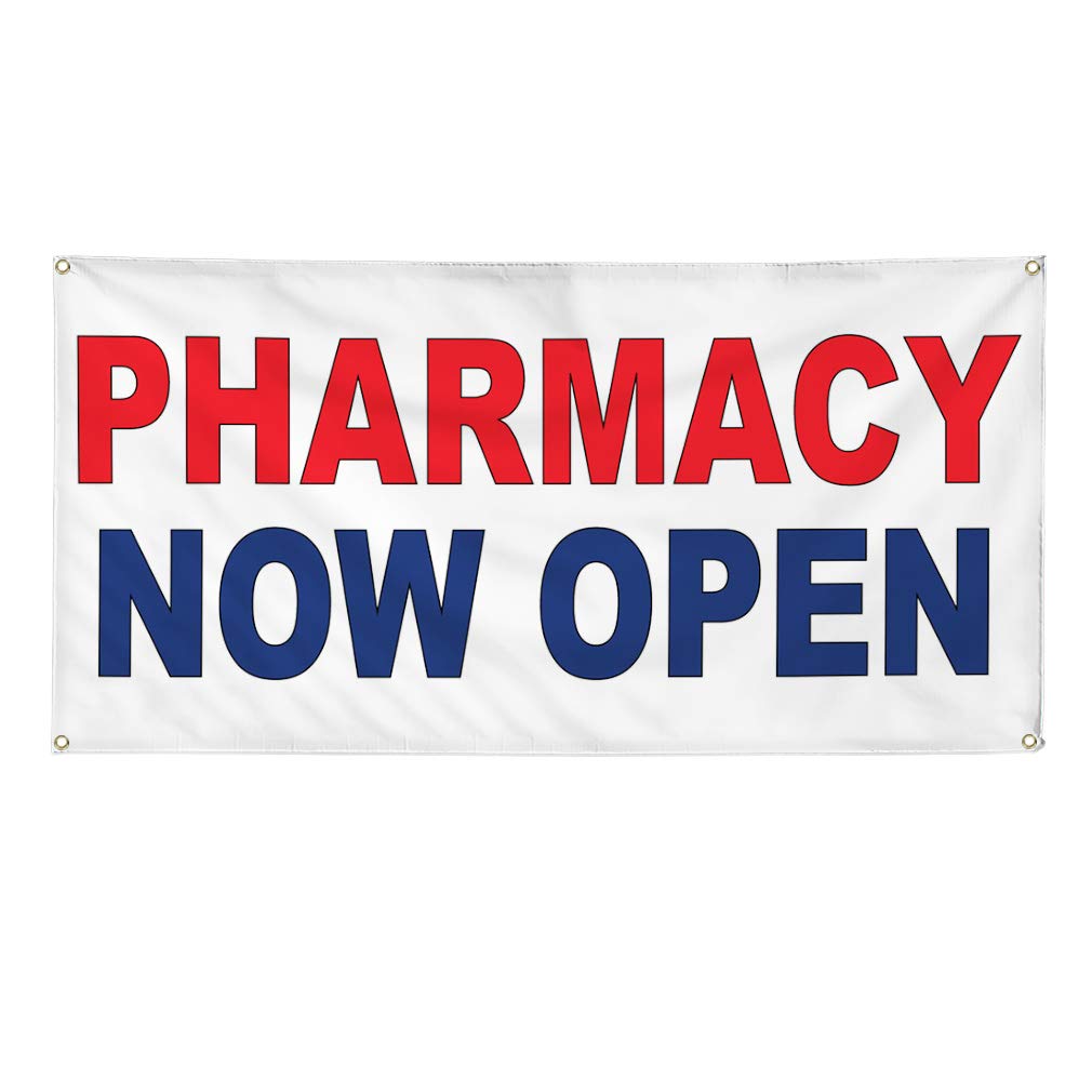 Pharmacy Now Open Vinyl Banner - Weatherproof Outdoor Business Sign with 8 Grommets (48x96 Inches) - Red & Blue Industrial Yard Sign for Storefronts, Grand Openings & Promotions