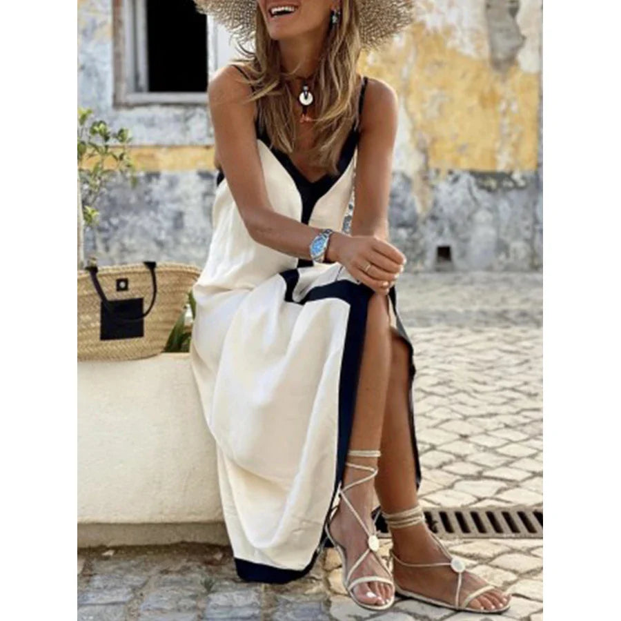 Elegant Black & White V-Neck Maxi Dress - Solid Color Women's Swim Cover Up | Luxury Beachwear for Poolside, Vacation & Summer Outfits