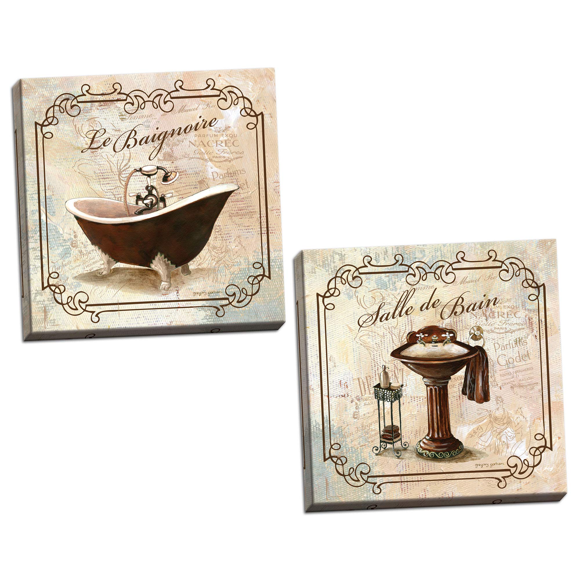Gango Home Decor 2-Piece French Bathtub & Pedestal Sink Bathroom Wall Art Set - 12x12 Inch Hand-Stretched Canvas Paintings - Ready to Hang - Perfect for Bathroom, Powder Room, or Spa Decor