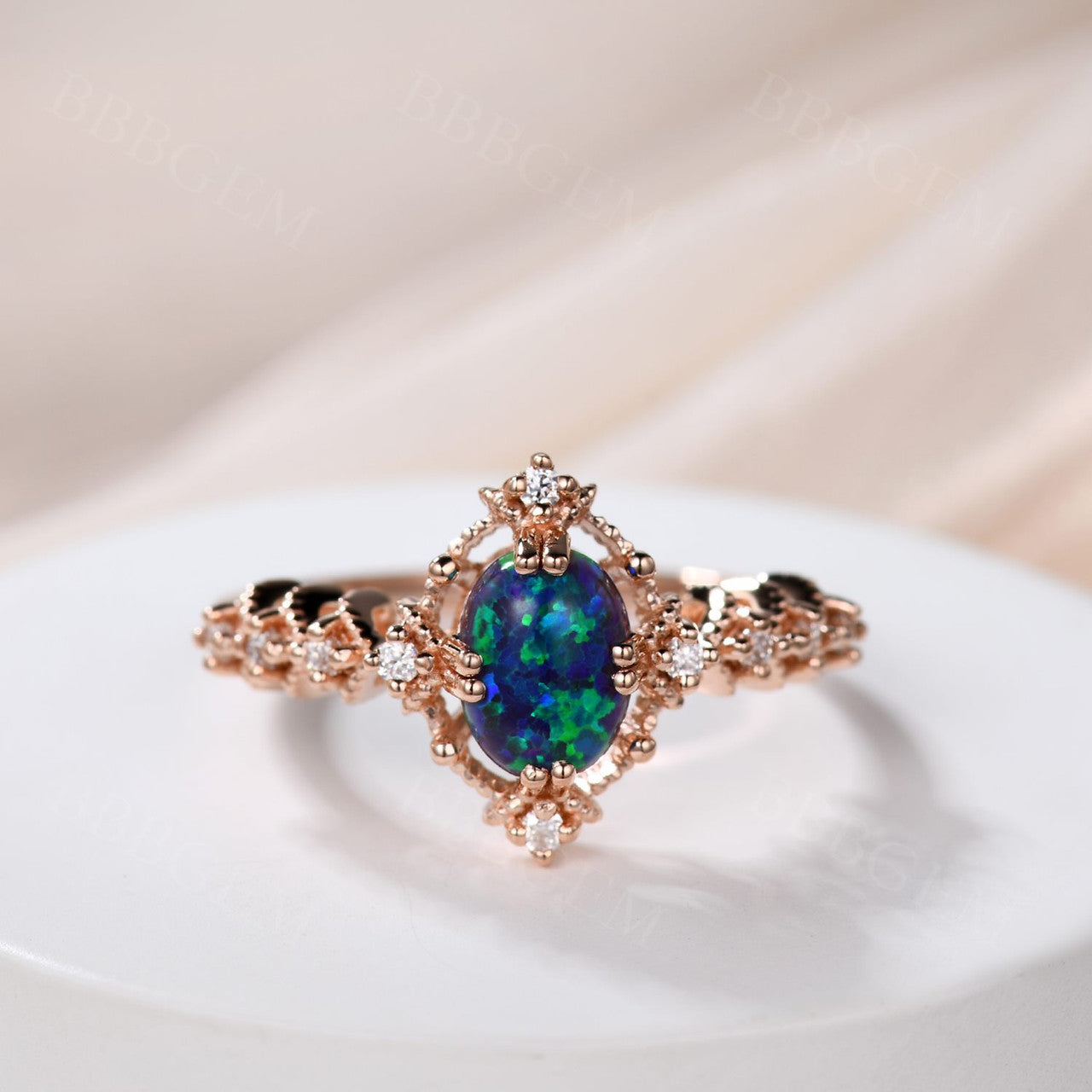 14K/18K Vintage Black Opal Engagement Ring with Diamond Band - Elegant Promise Jewelry for Wedding, Proposal & Anniversary Gifts