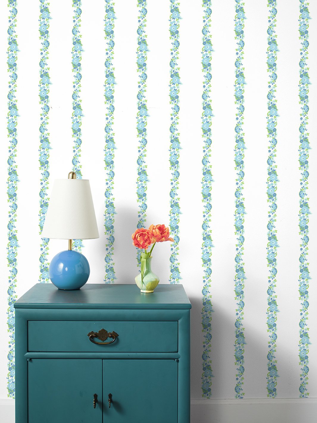 Barbie™ Floral Stripe Wallpaper in Denim Green - Perfect for Nursery, Bedroom, and Living Room Decor