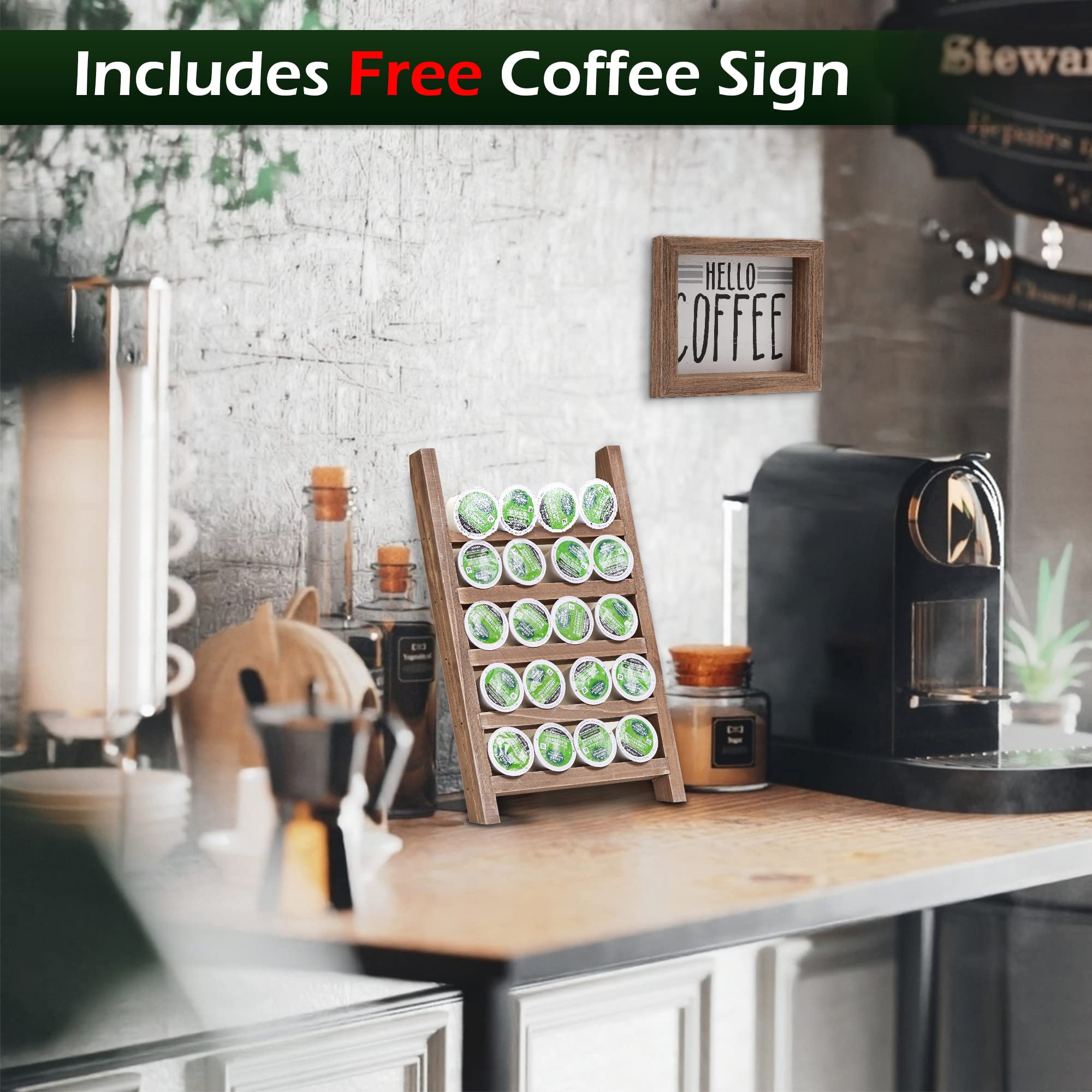 GENMOUS Wooden K-Cups Holder for Countertop - Farmhouse Style Coffee Pod Organizer with Rustic Decor Sign - Kitchen Storage & Coffee Station Accessories in Brown - Perfect for Home, Office, and Coffee Bar Decor
