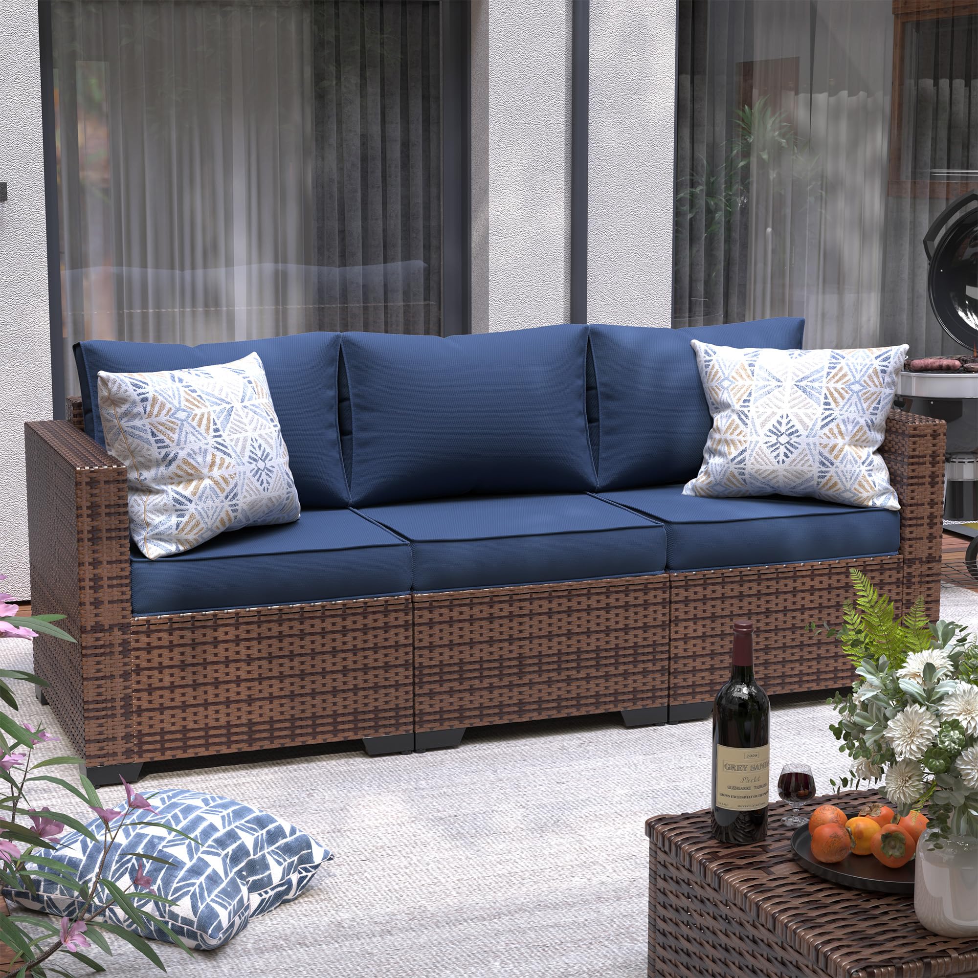 UDPATIO 3-Seat Outdoor Wicker Sofa Set with Steel Frame - Navy Blue Rattan Sectional Couch, Deep Seating High Back Design, Includes Waterproof Cover & Non-Slip Cushions - Perfect for Patio, Garden, Poolside or Backyard Relaxation