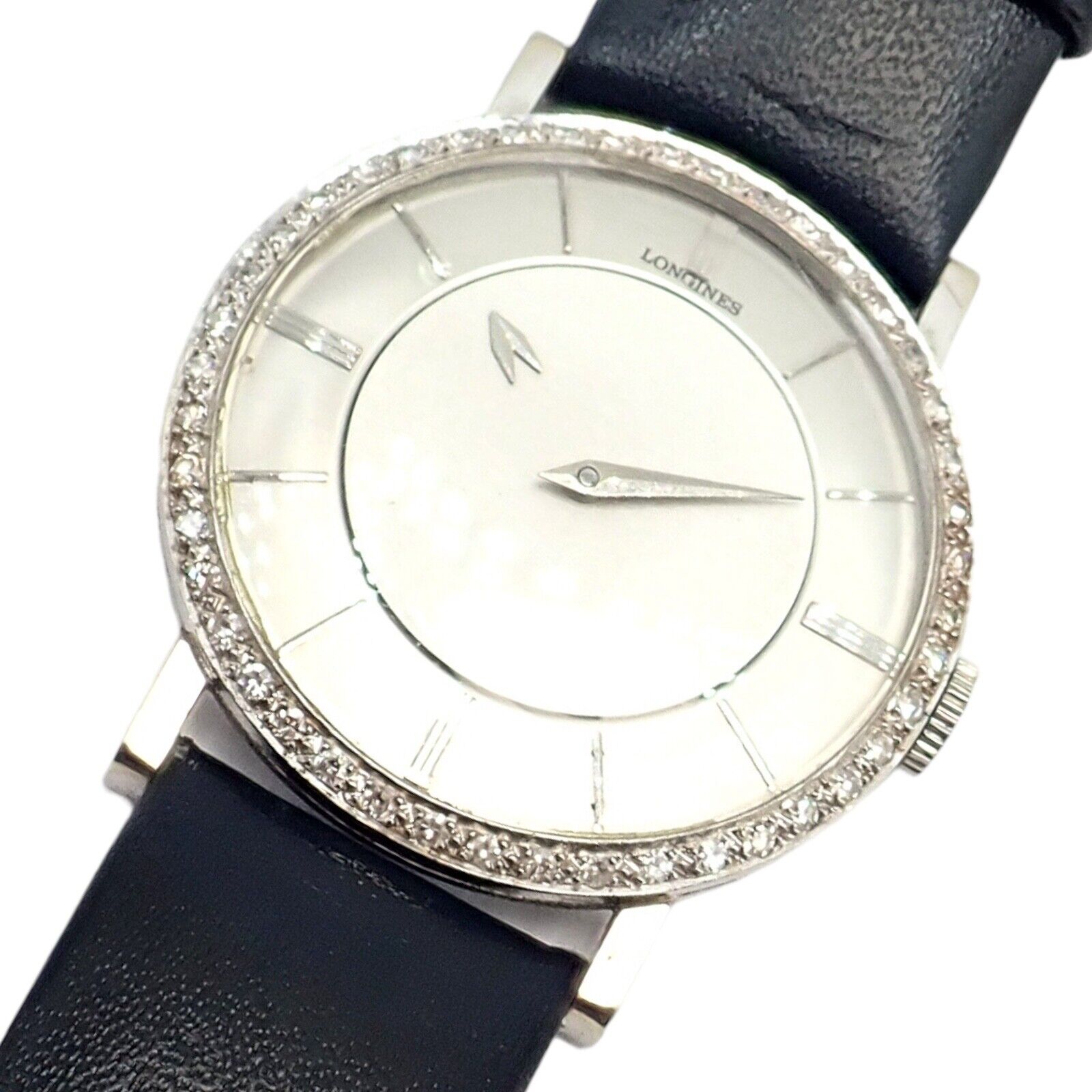 Vintage Longines 18k White Gold Diamond Bezel Manual Wind Mystery Dial Watch - Luxury Classic Timepiece for Formal Events & Special Occasions
